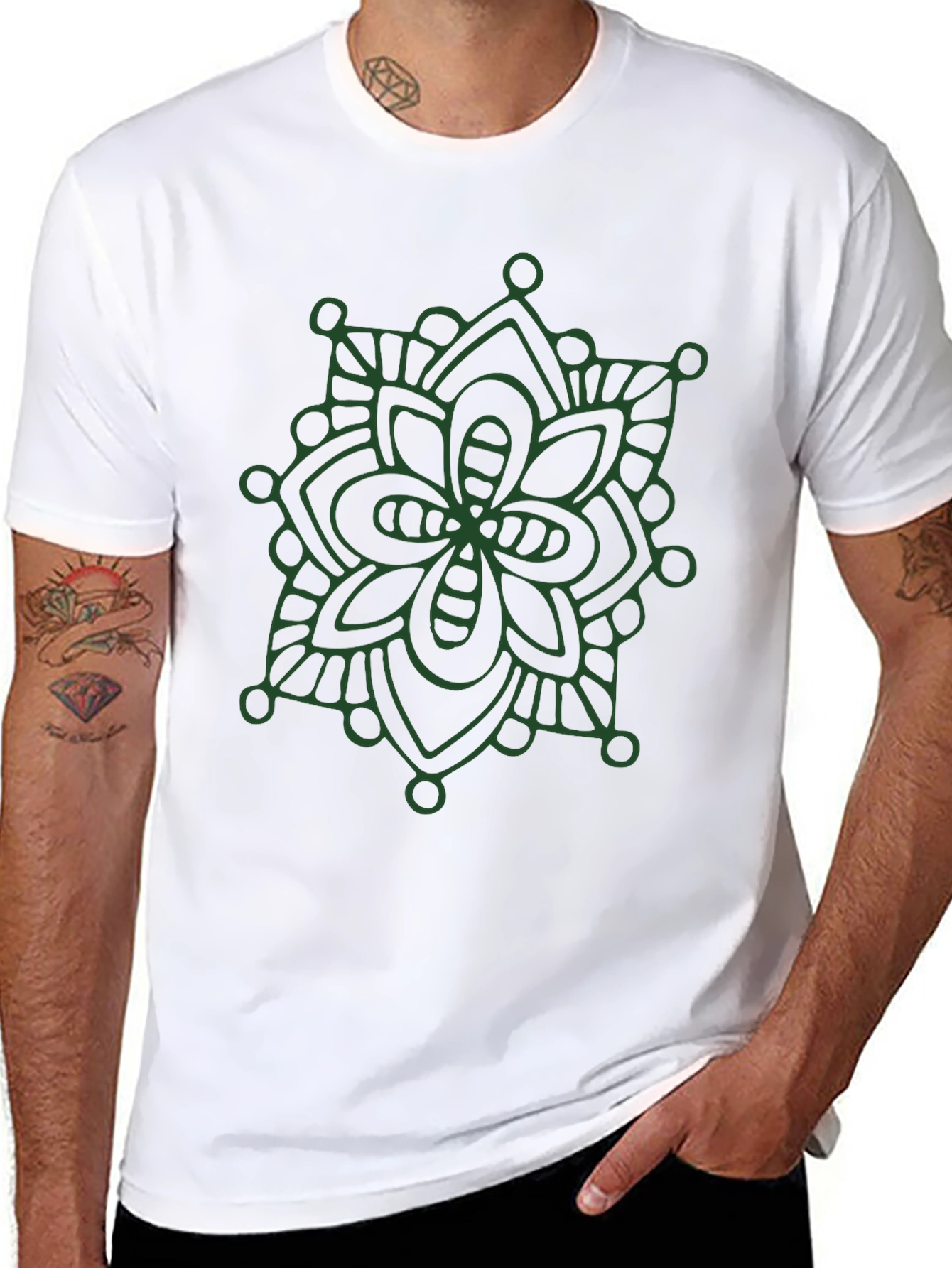 Black T-Shirt with Green Mandala Design