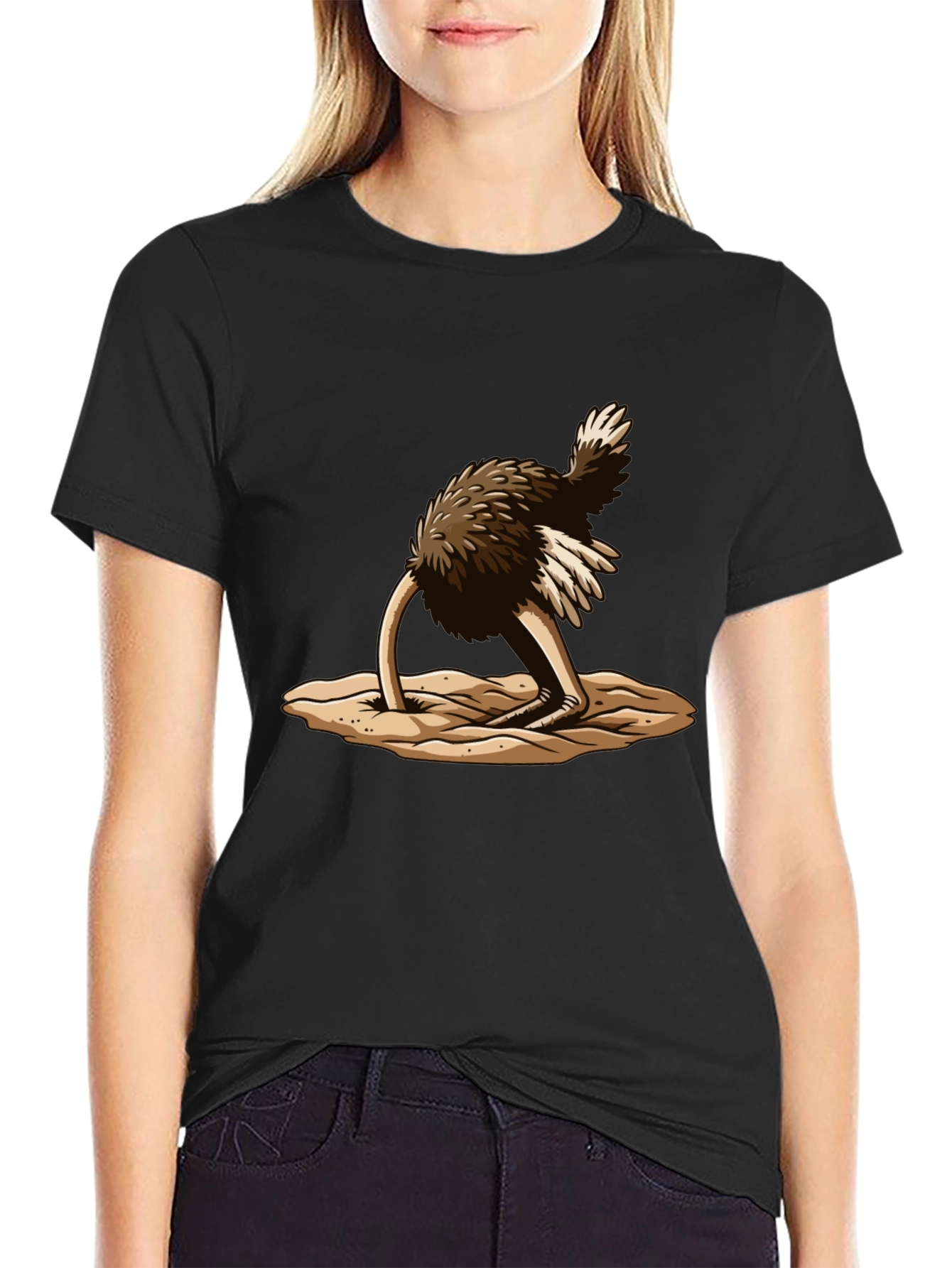 Ostrich Head in Sand T-Shirt - Black Cotton Tee