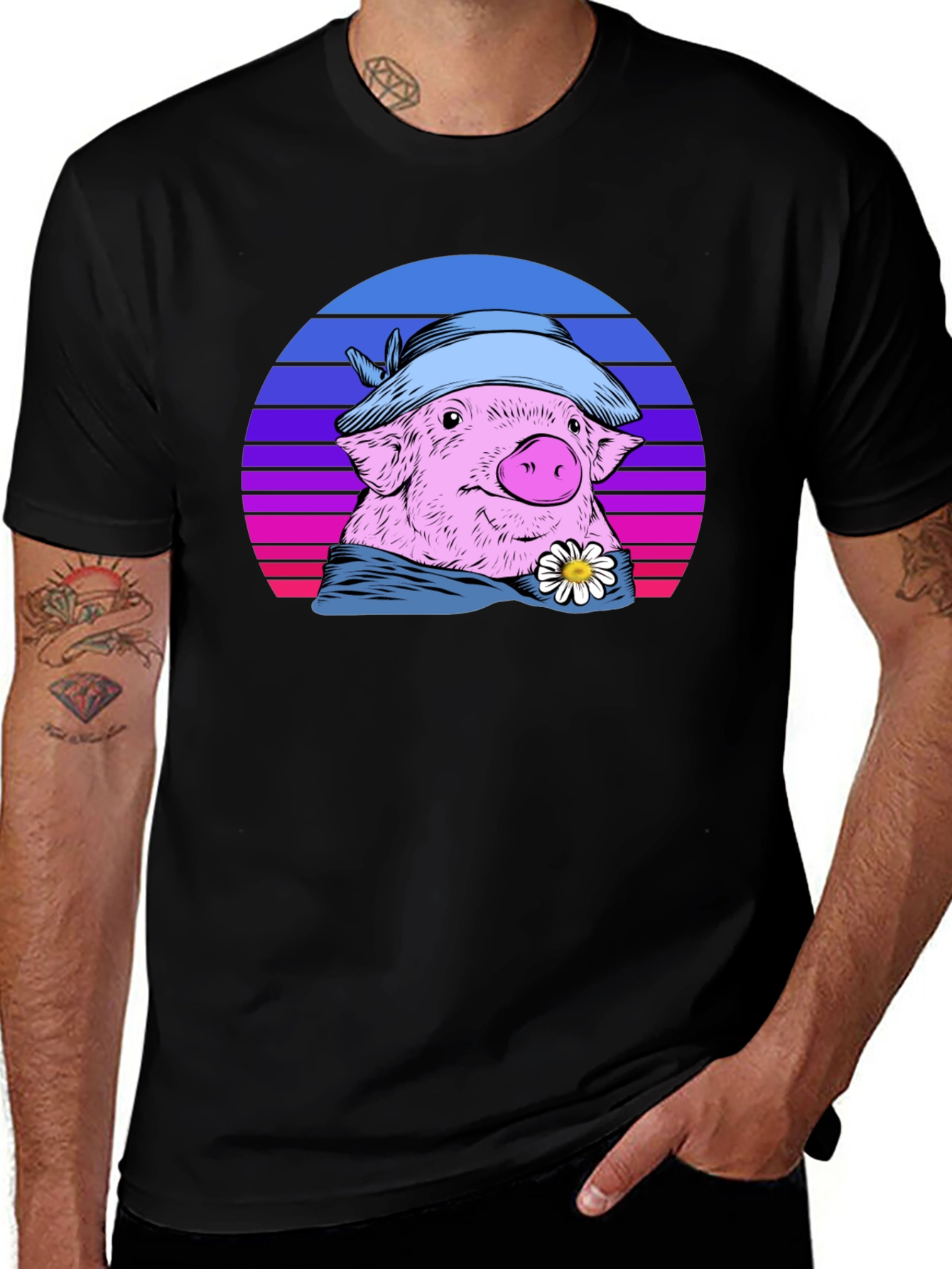 Retro Pig T-Shirt with Hat and Daisy