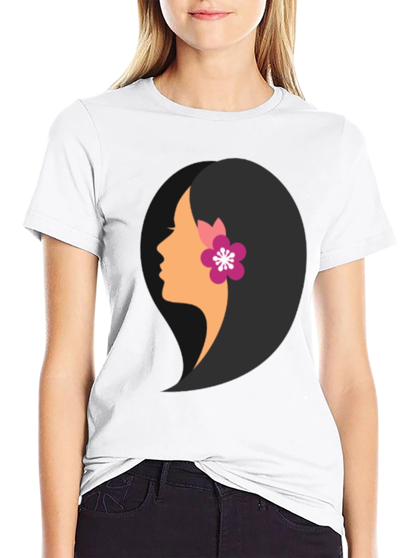 Black T-Shirt with Woman Profile Graphic