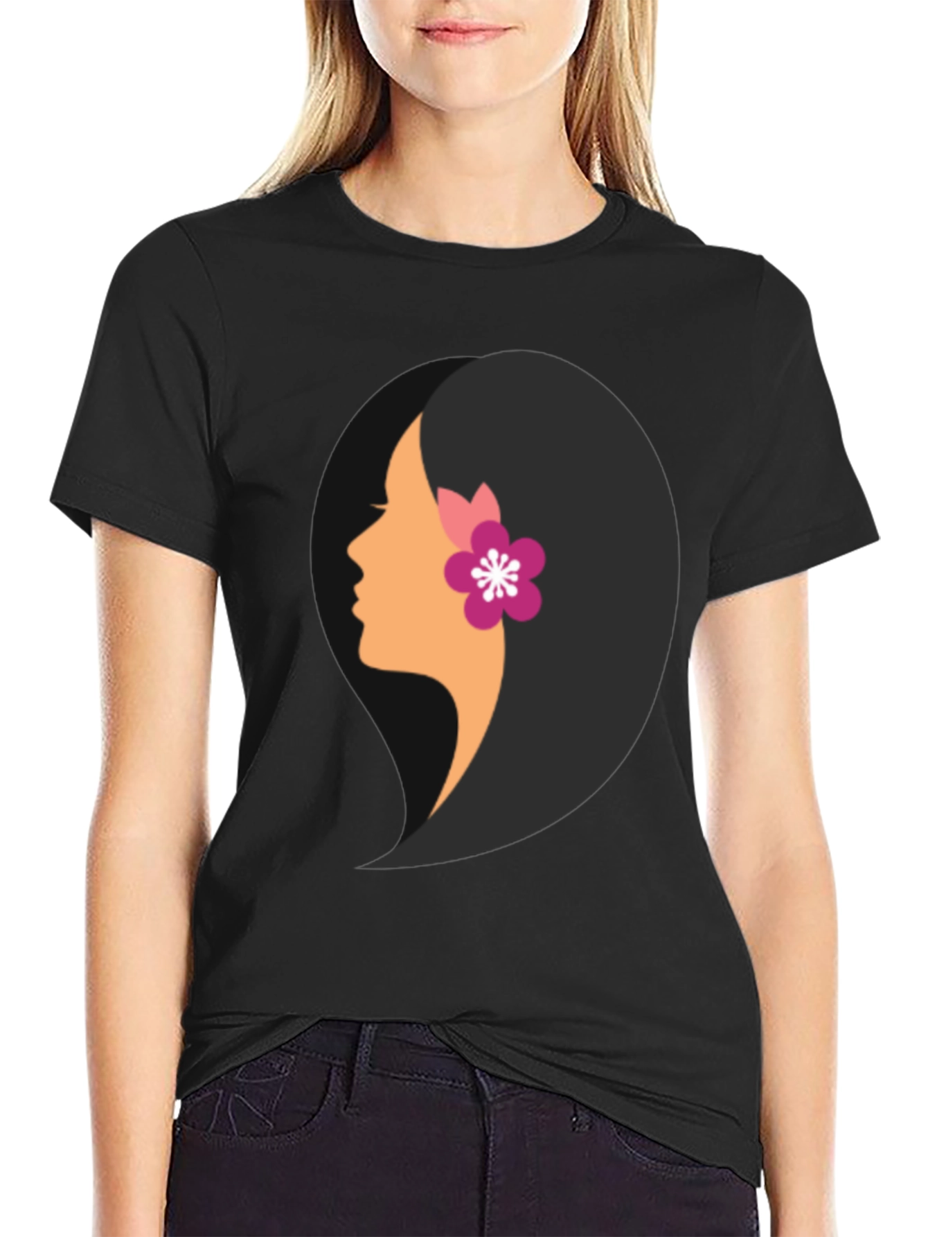 Black T-Shirt with Woman Profile Graphic