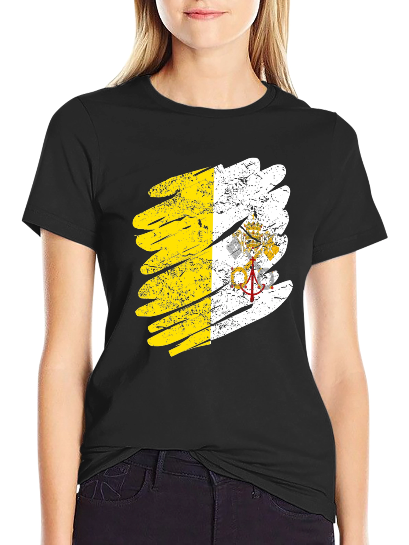 Vatican Flag Brush Stroke Black T-Shirt