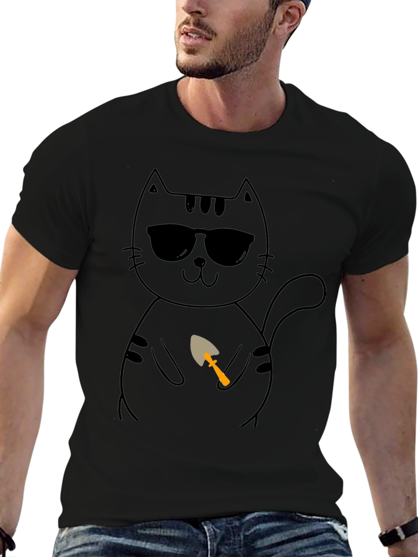 Cool Cat with Shovel T-Shirt - Black