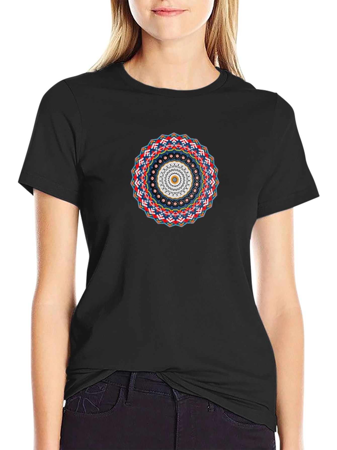Geometric Mandala Print Black T-Shirt
