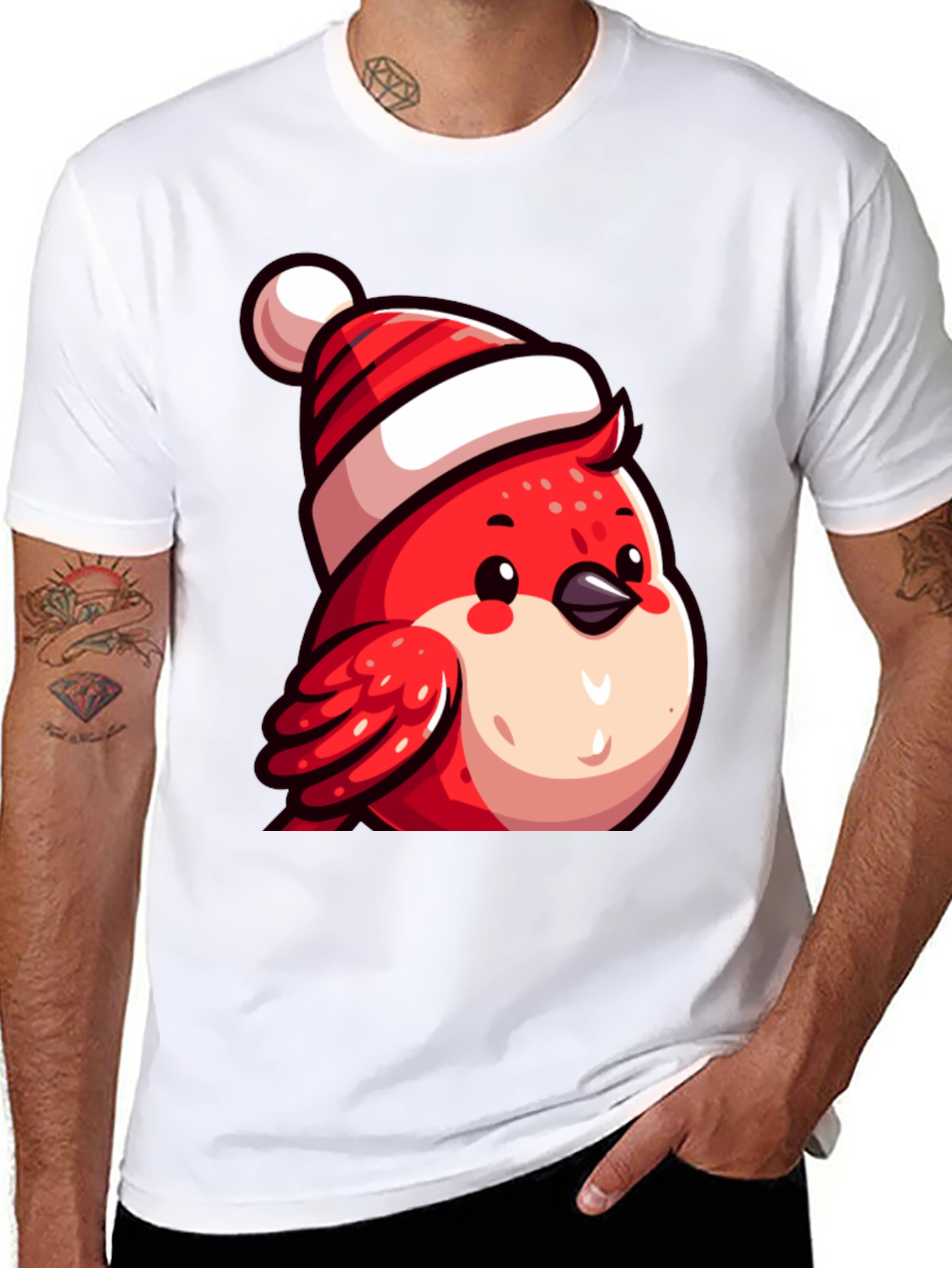 Festive Bird Tee - Red Robin with Santa Hat