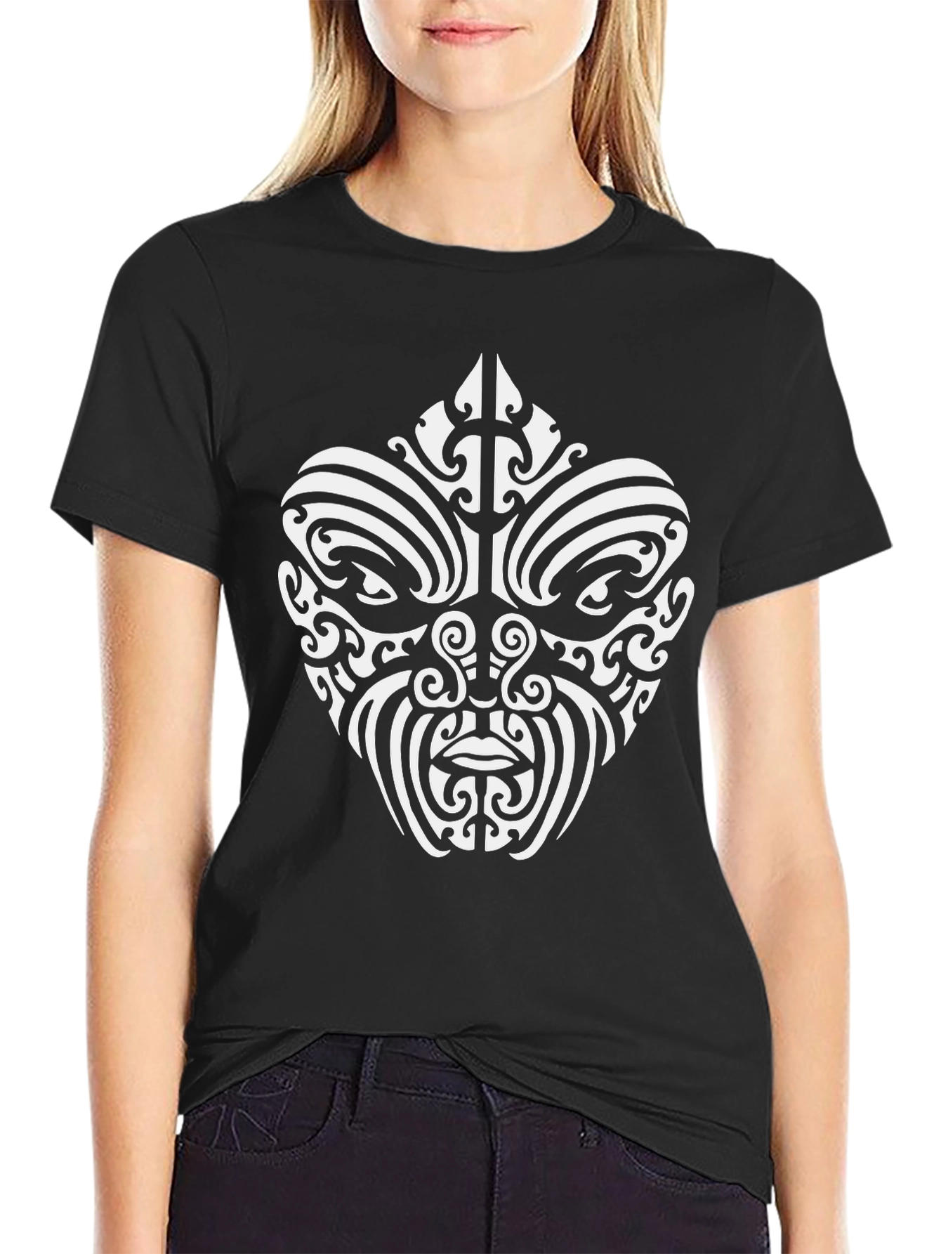 Tribal Mask Graphic Tee - Black Cotton