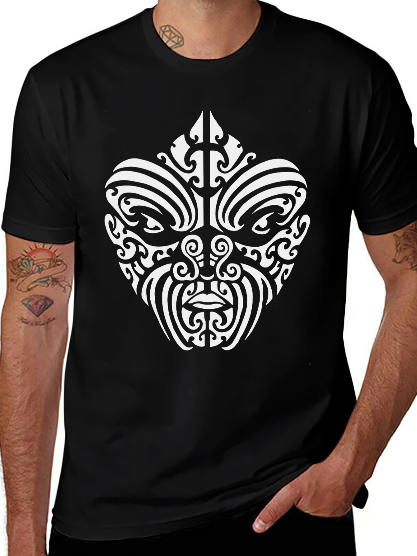 Tribal Mask Graphic Tee - Black Cotton