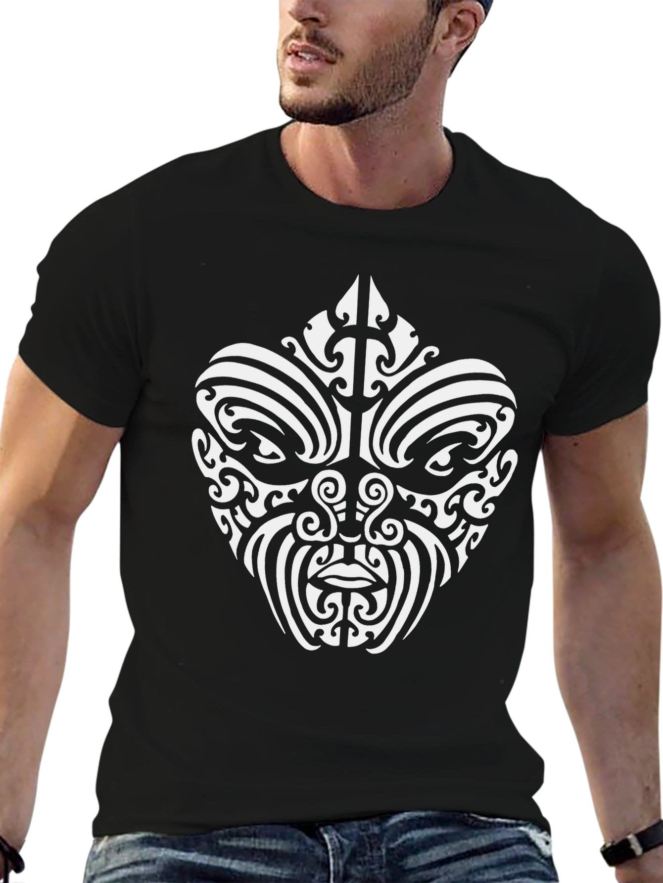 Tribal Mask Graphic Tee - Black Cotton