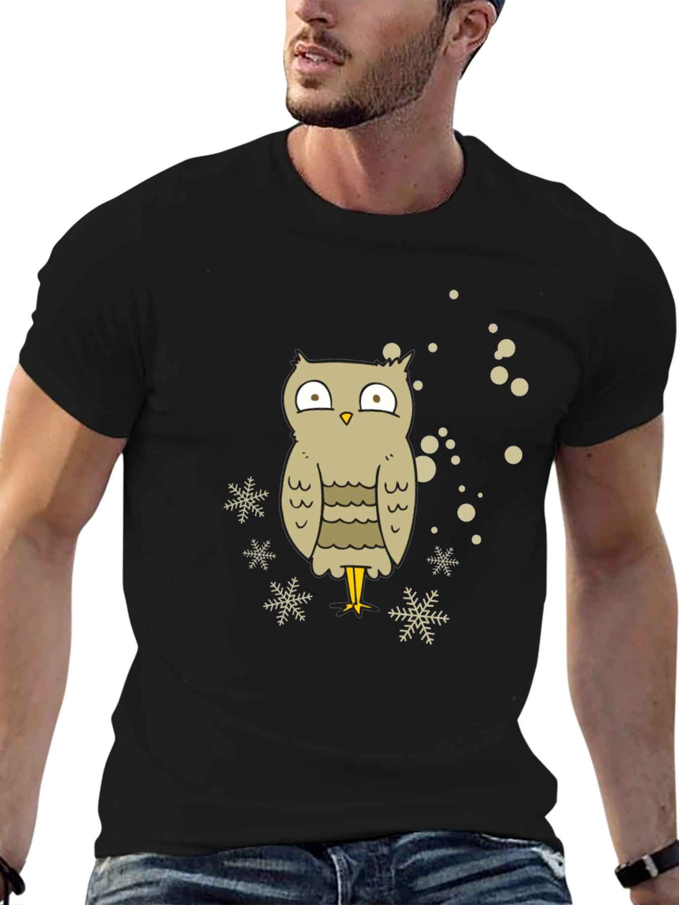 Owl Snowflake Graphic Tee - Black Cotton Blend