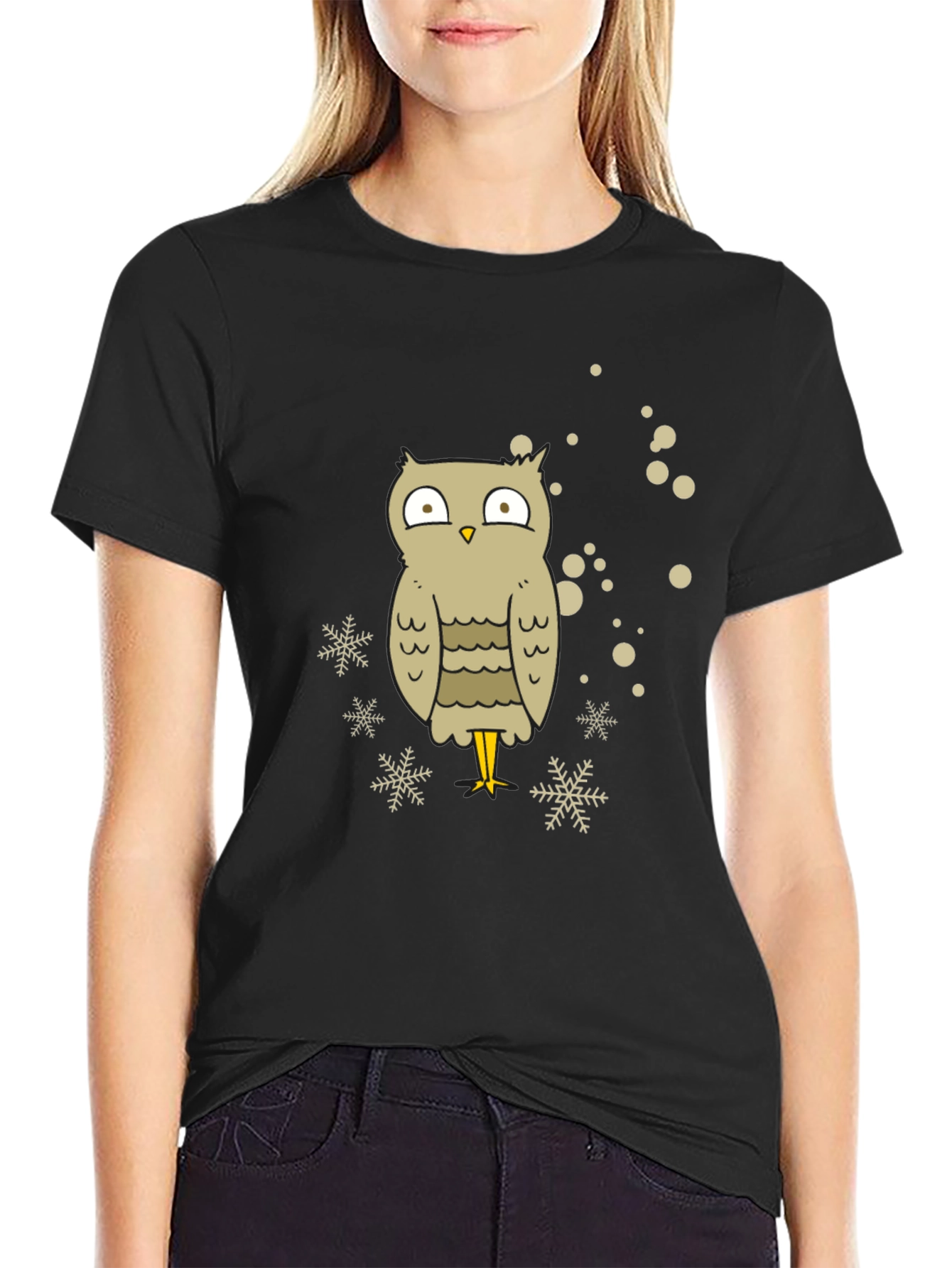 Owl Snowflake Graphic Tee - Black Cotton Blend