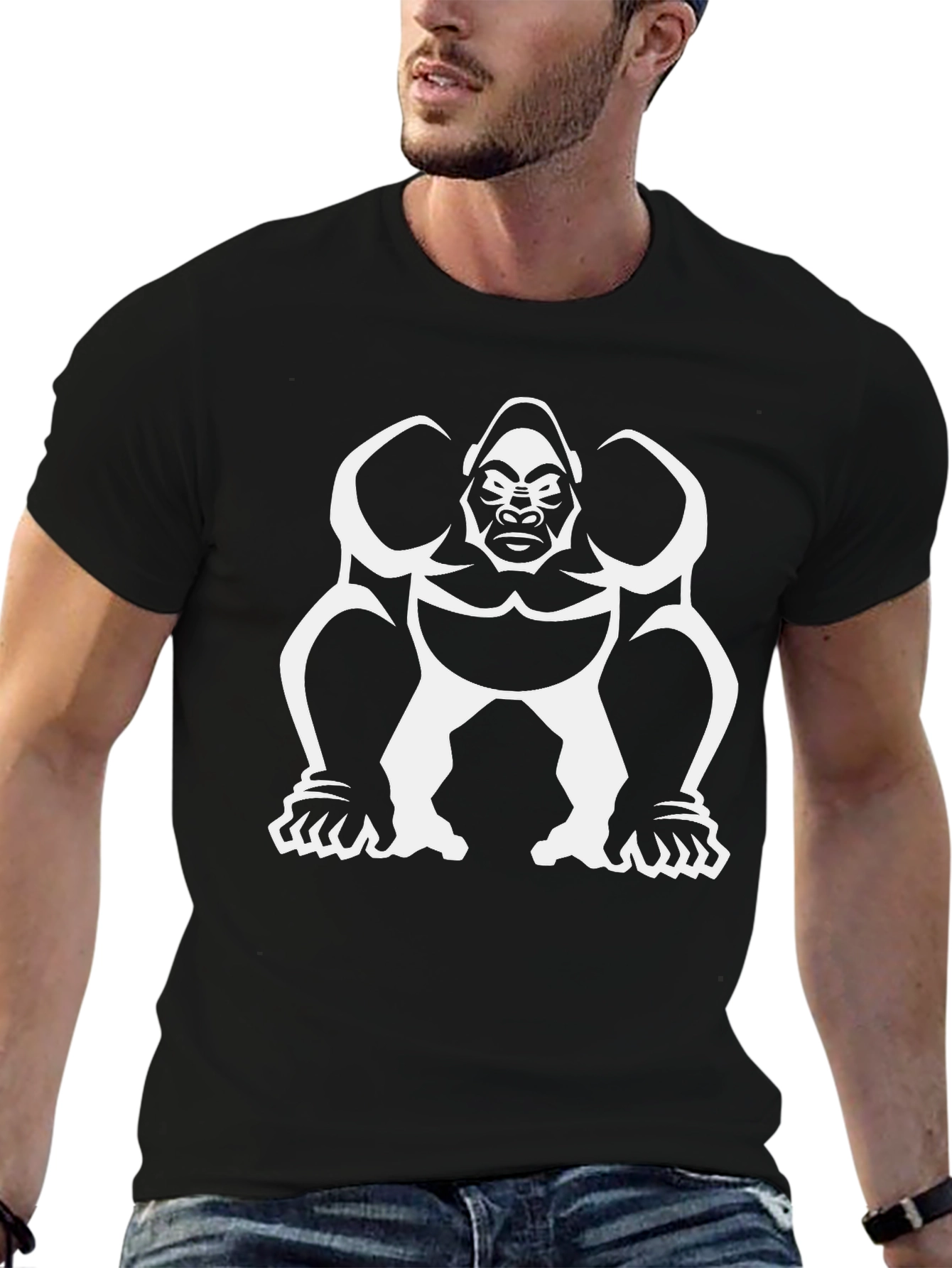 Black T-Shirt with White Gorilla Graphic Print