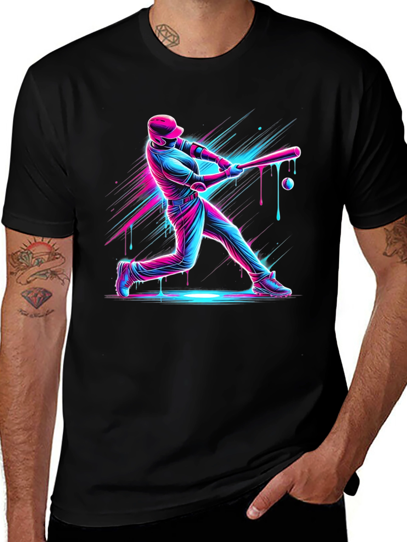 Neon Baseball Graphic Tee - Black Cotton Blend