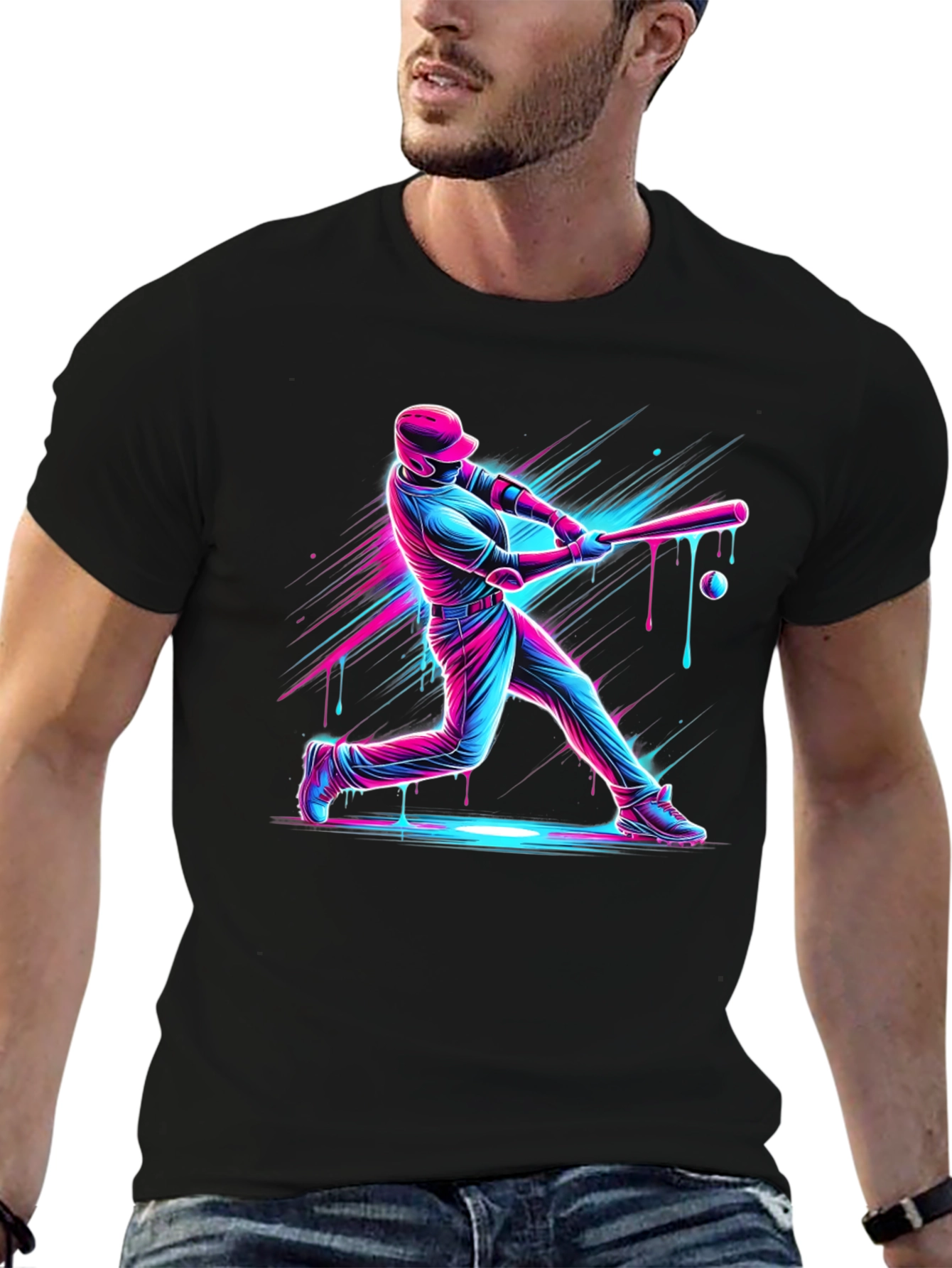 Neon Baseball Graphic Tee - Black Cotton Blend