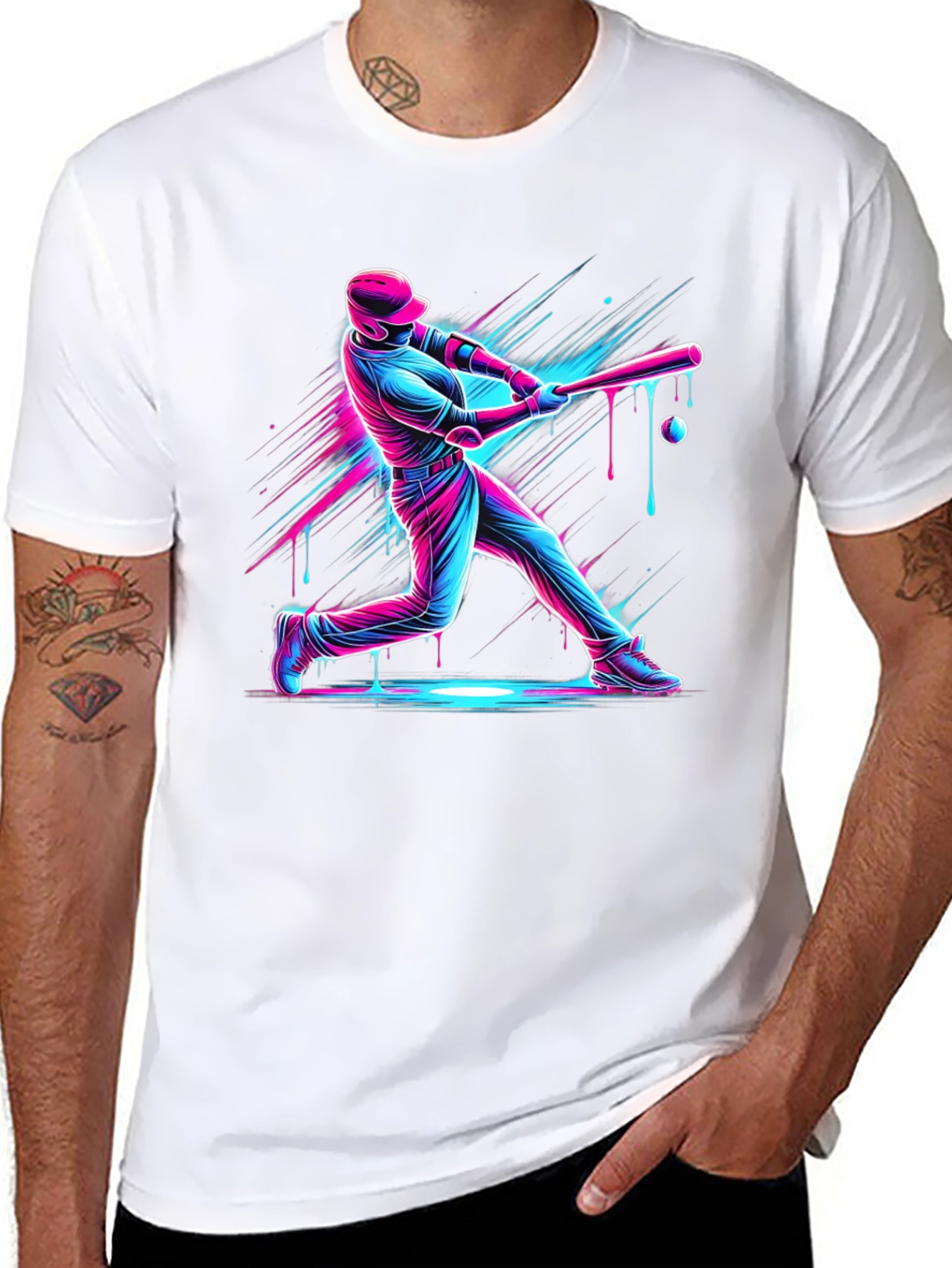 Neon Baseball Graphic Tee - Black Cotton Blend