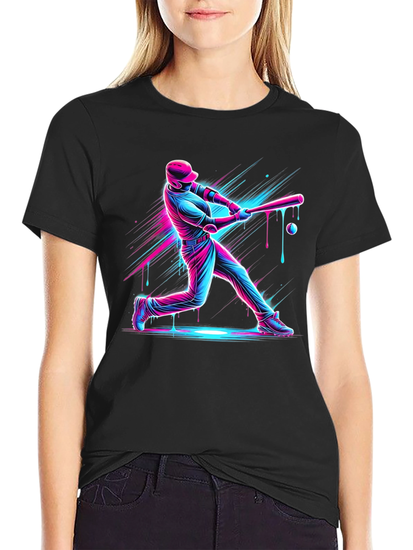 Neon Baseball Graphic Tee - Black Cotton Blend