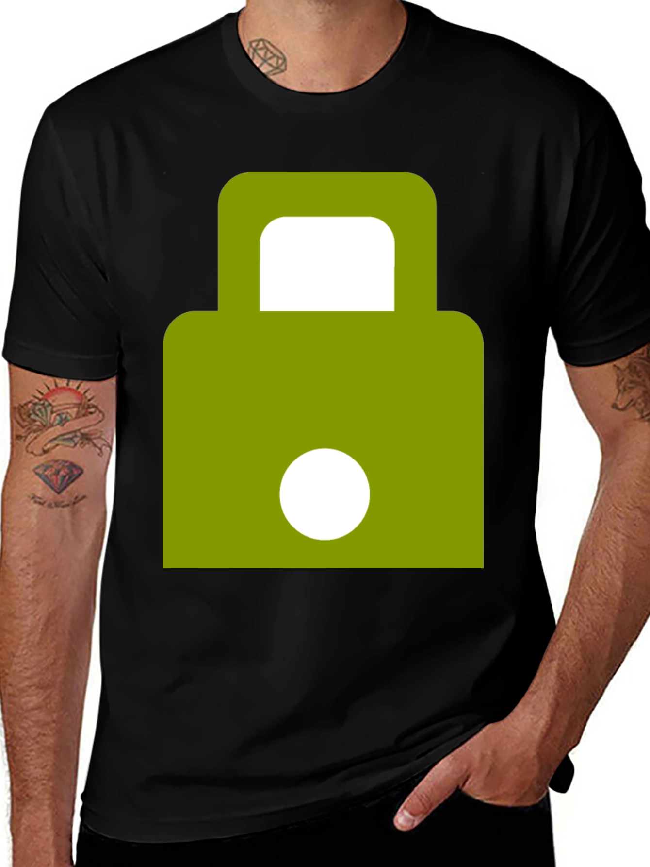 Modern Green Padlock Design Black T-Shirt