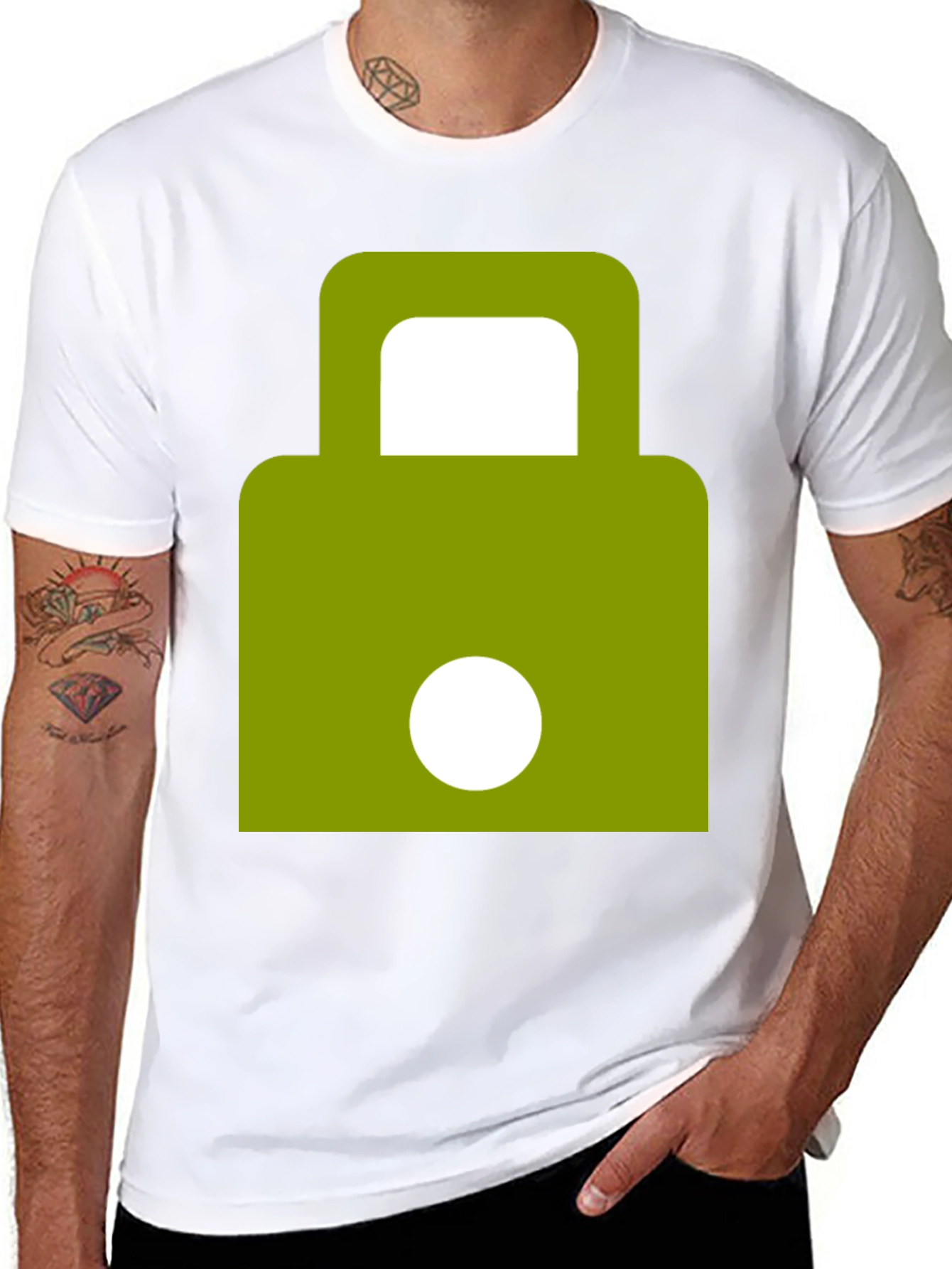 Modern Green Padlock Design Black T-Shirt