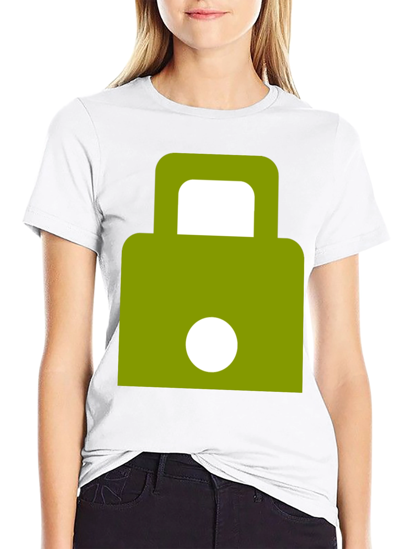 Modern Green Padlock Design Black T-Shirt