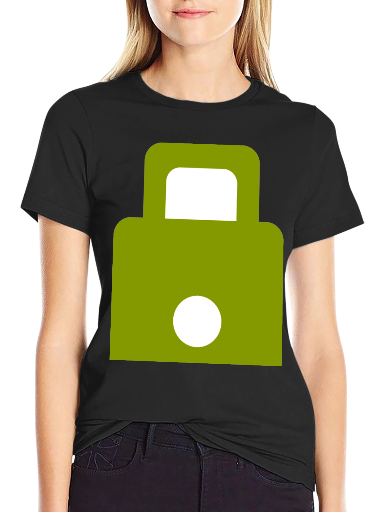 Modern Green Padlock Design Black T-Shirt