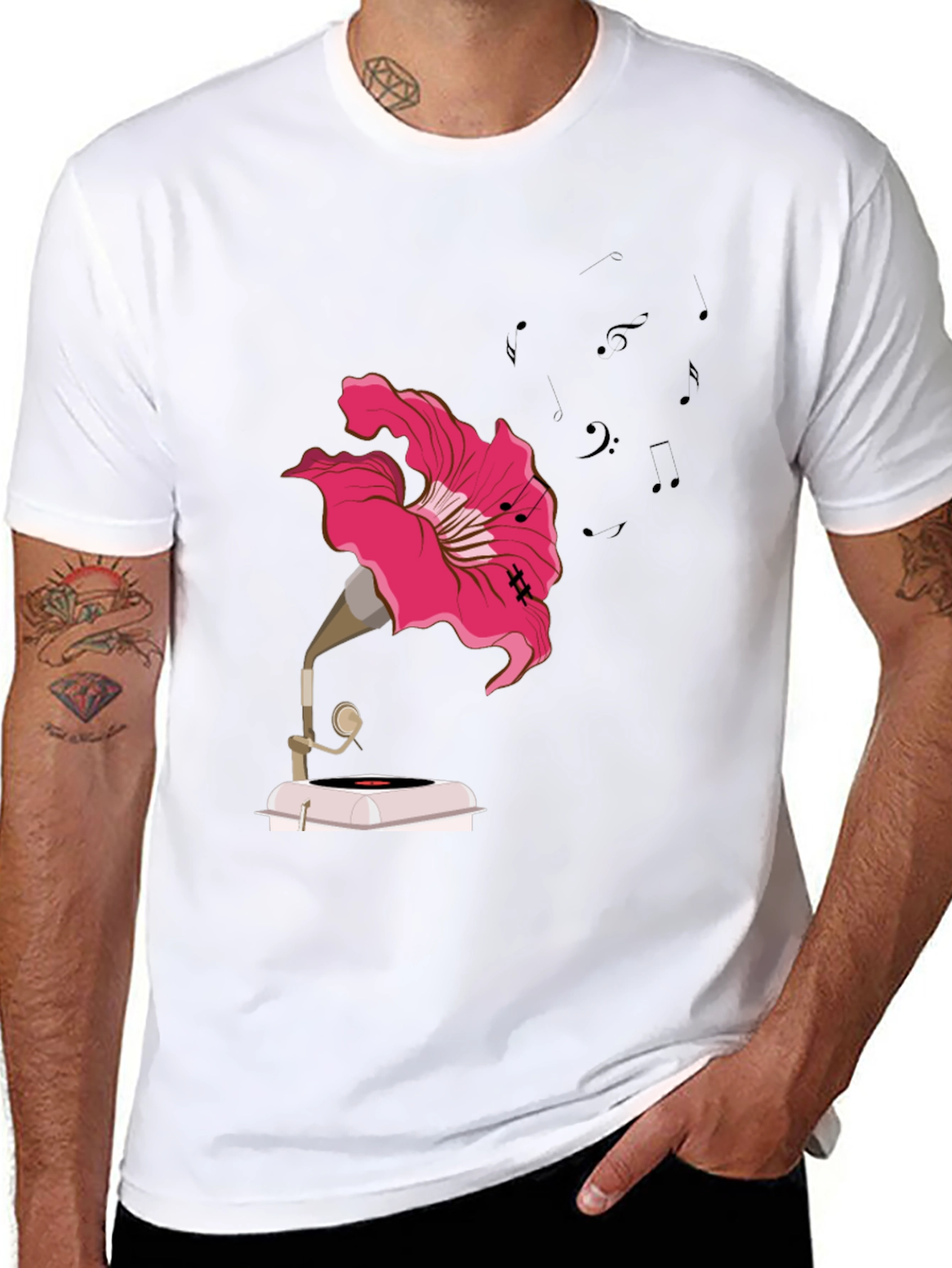 Floral Gramophone Graphic Tee - Unique Music Shirt