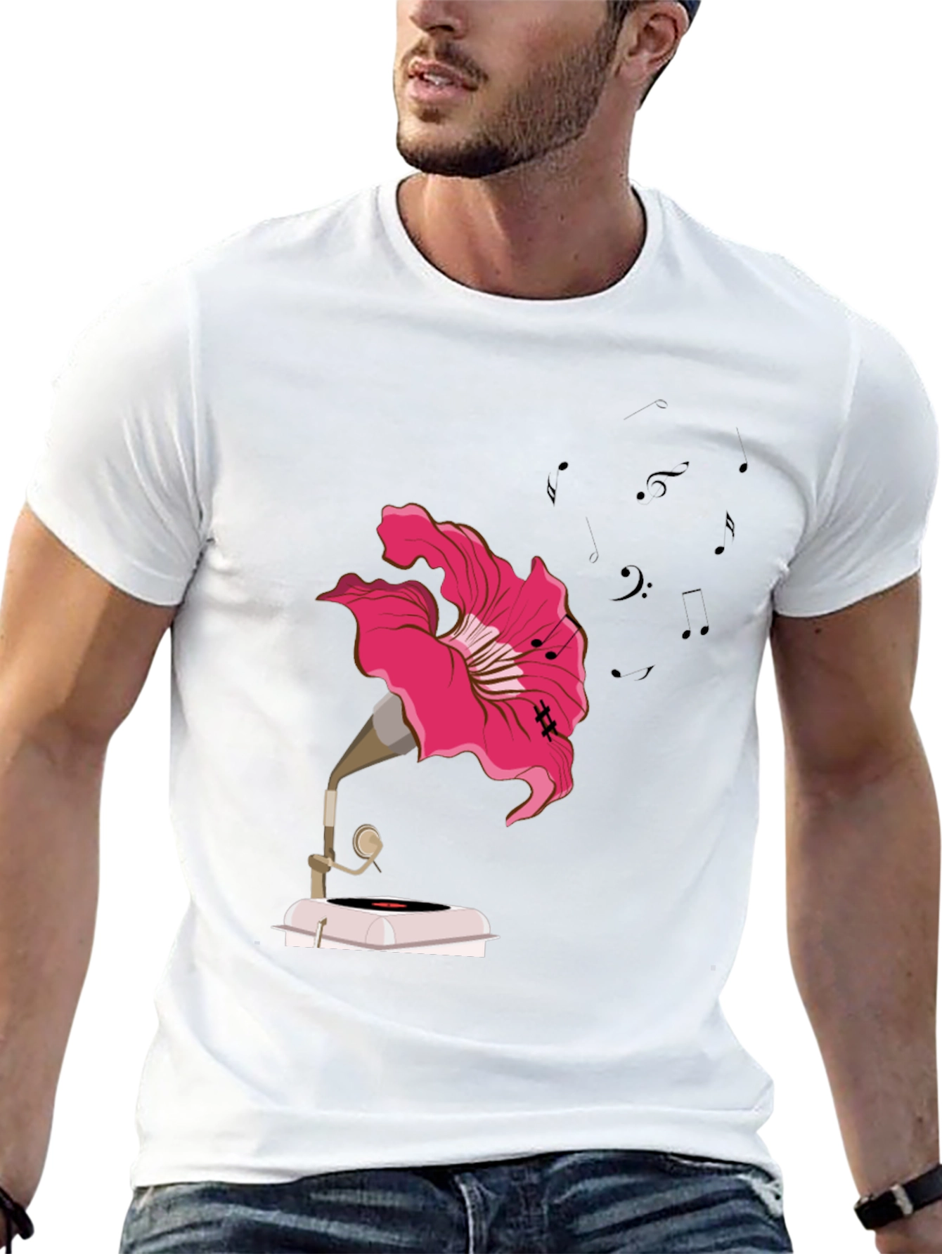Floral Gramophone Graphic Tee - Unique Music Shirt