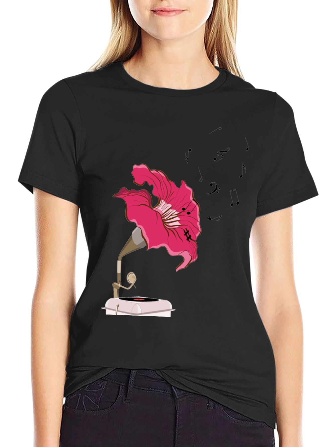 Floral Gramophone Graphic Tee - Unique Music Shirt