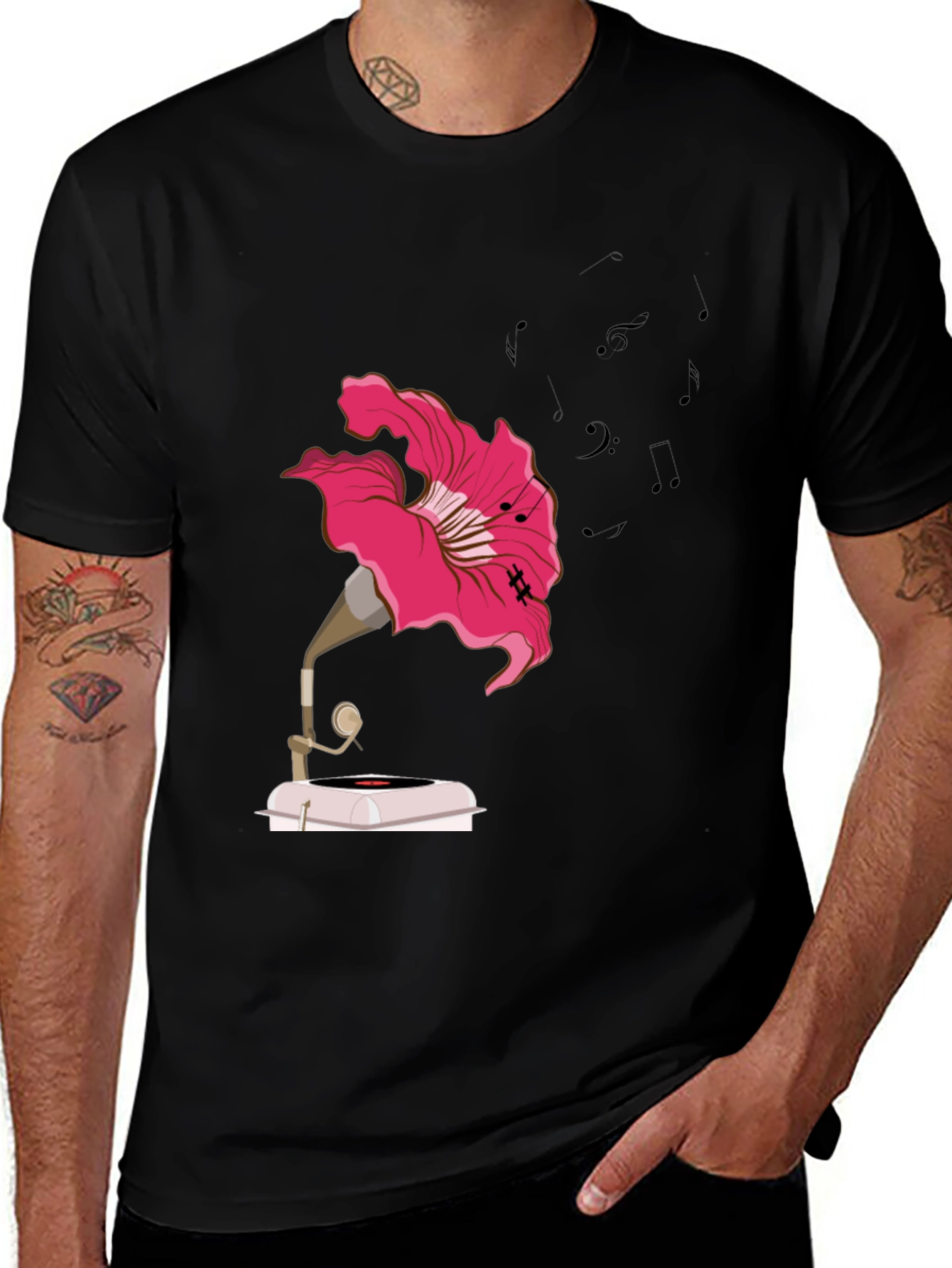 Floral Gramophone Graphic Tee - Unique Music Shirt