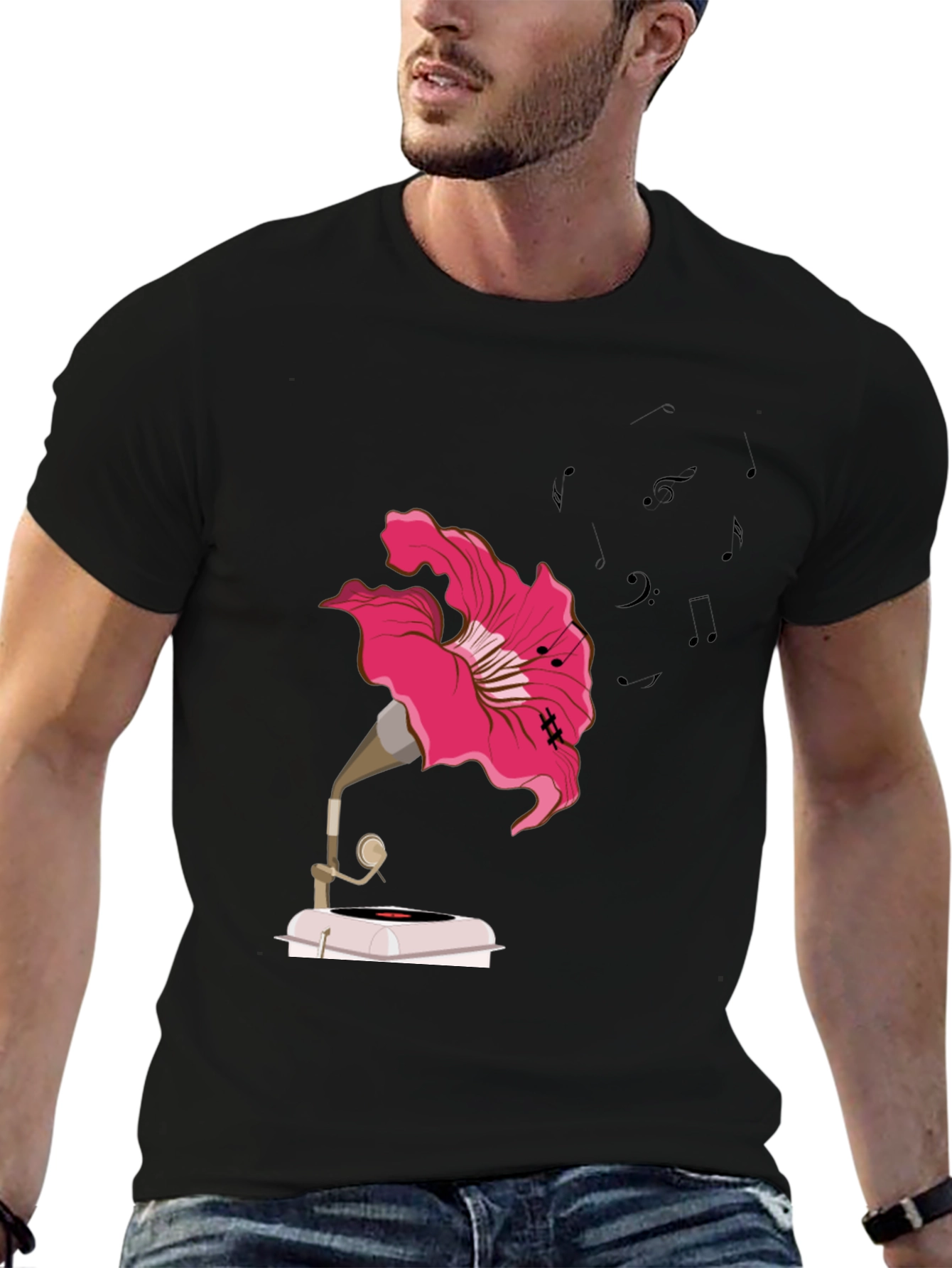Floral Gramophone Graphic Tee - Unique Music Shirt