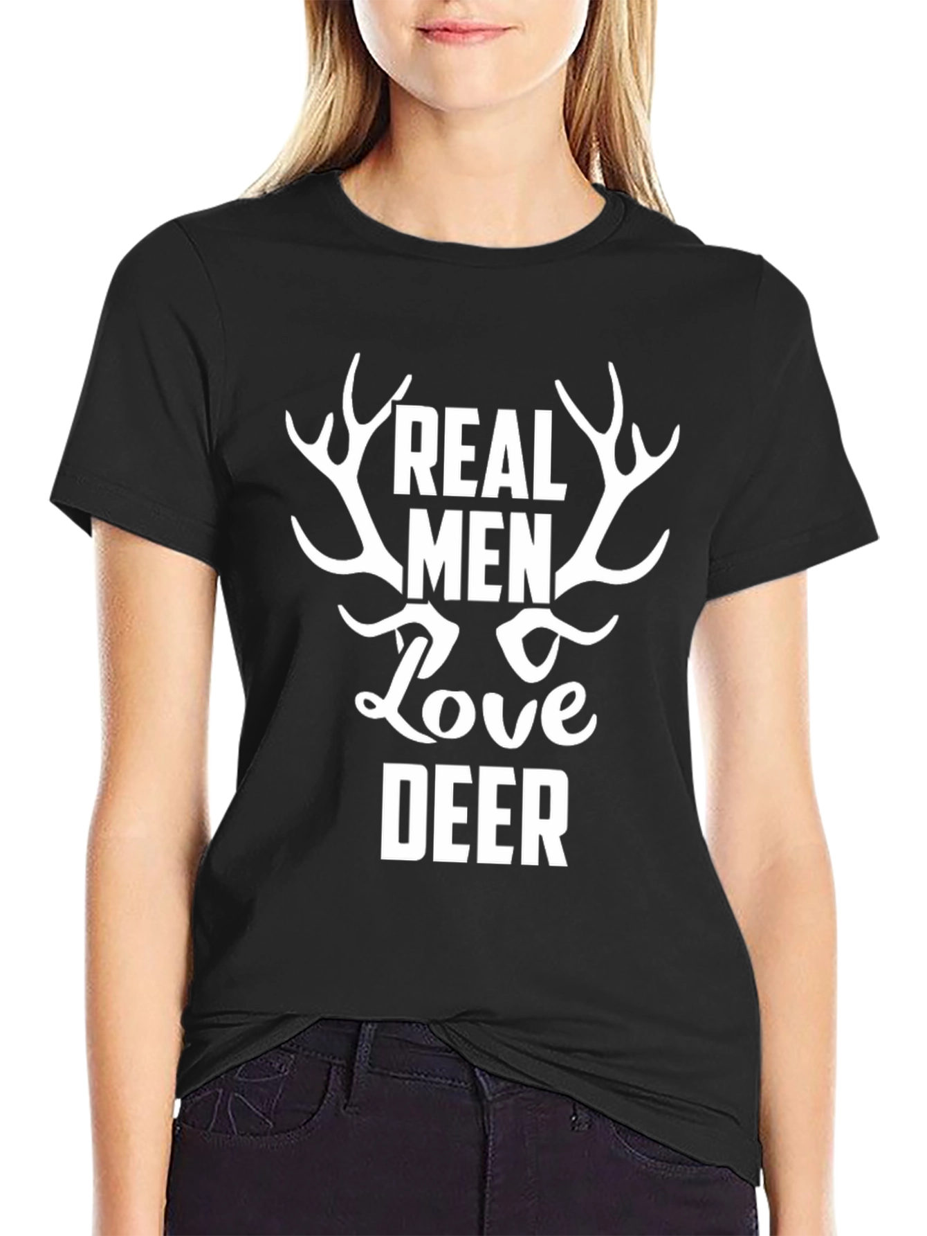 Real Men Love Deer Black Graphic T-Shirt