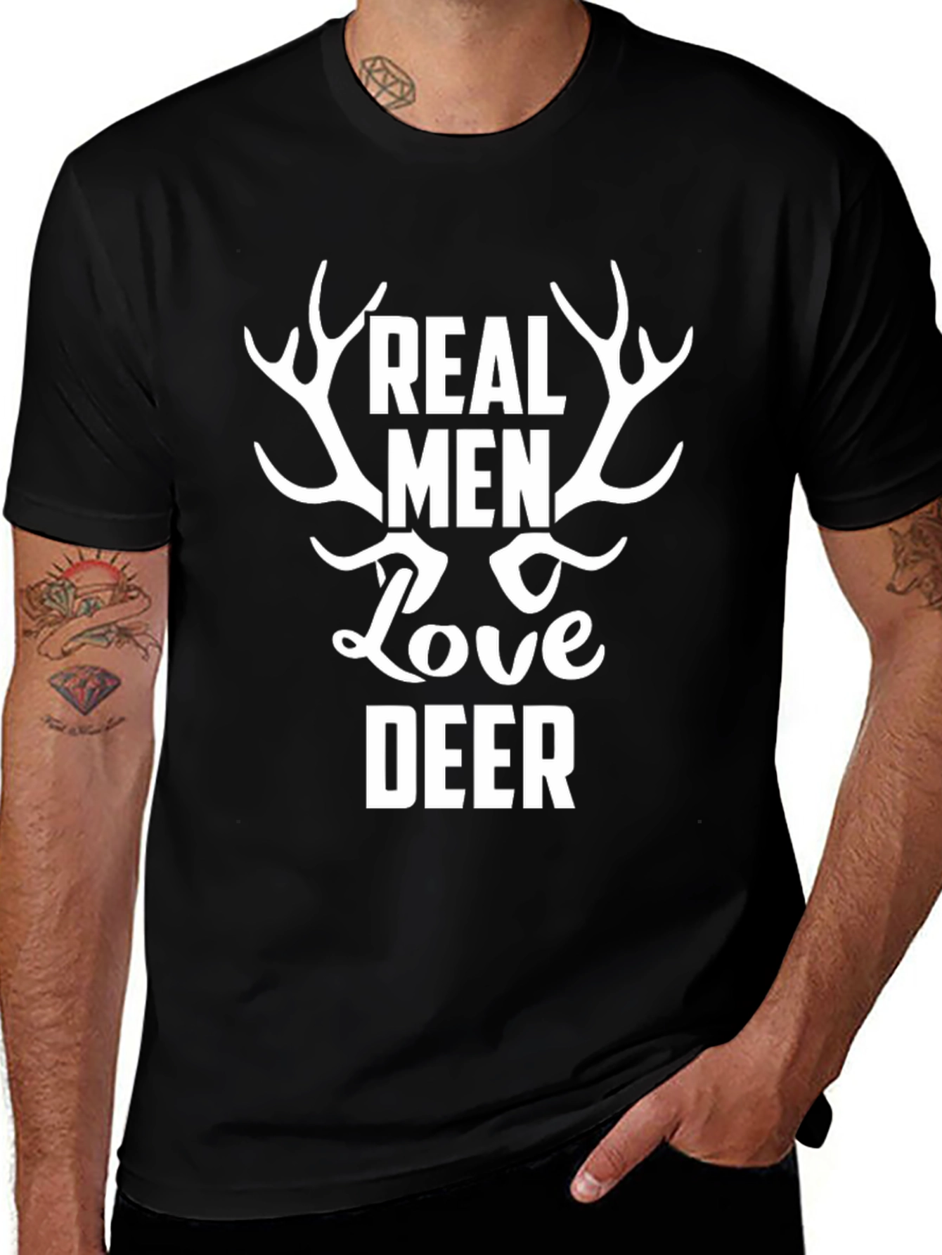 Real Men Love Deer Black Graphic T-Shirt