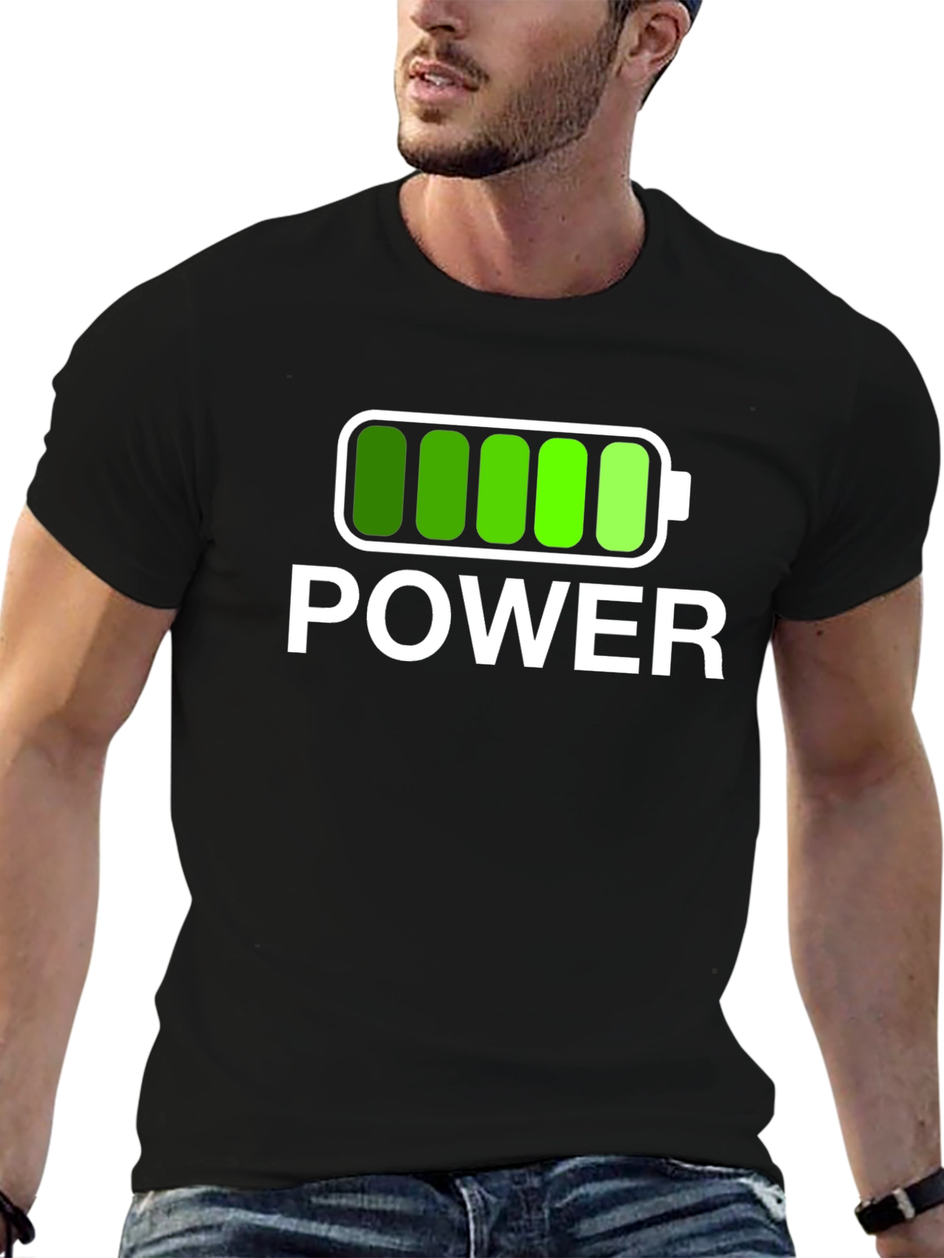 Power Graphic Black T-Shirt Full Battery Charged Design