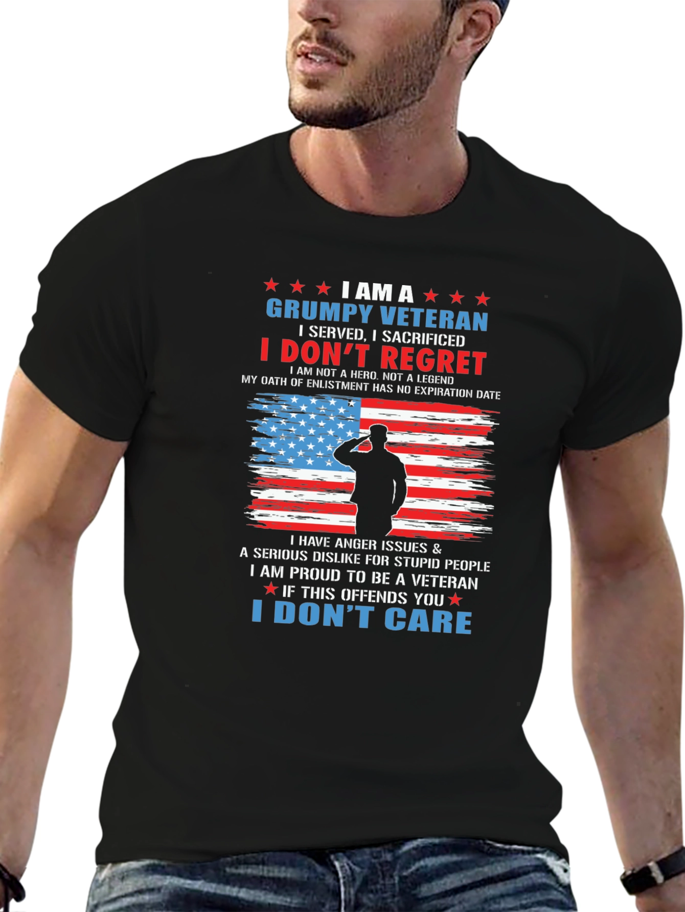 Grumpy Veteran T-Shirt - Patriotic American Flag Design