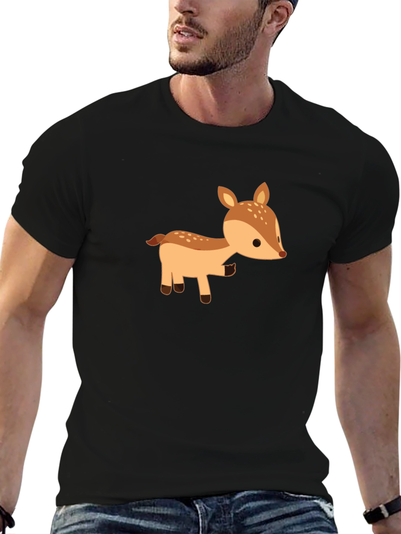 Cute Deer Graphic Tee - Black Cotton Blend