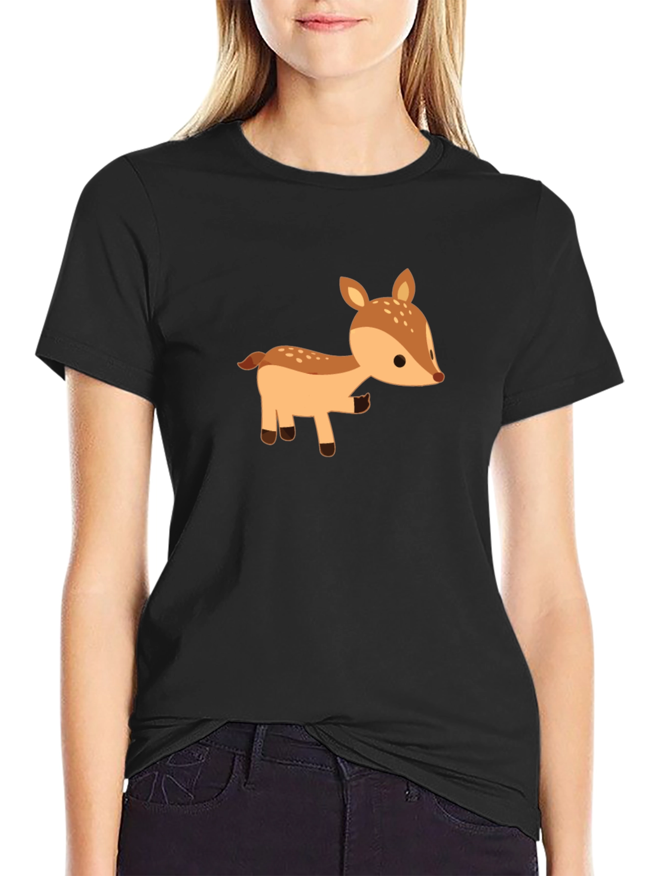 Cute Deer Graphic Tee - Black Cotton Blend