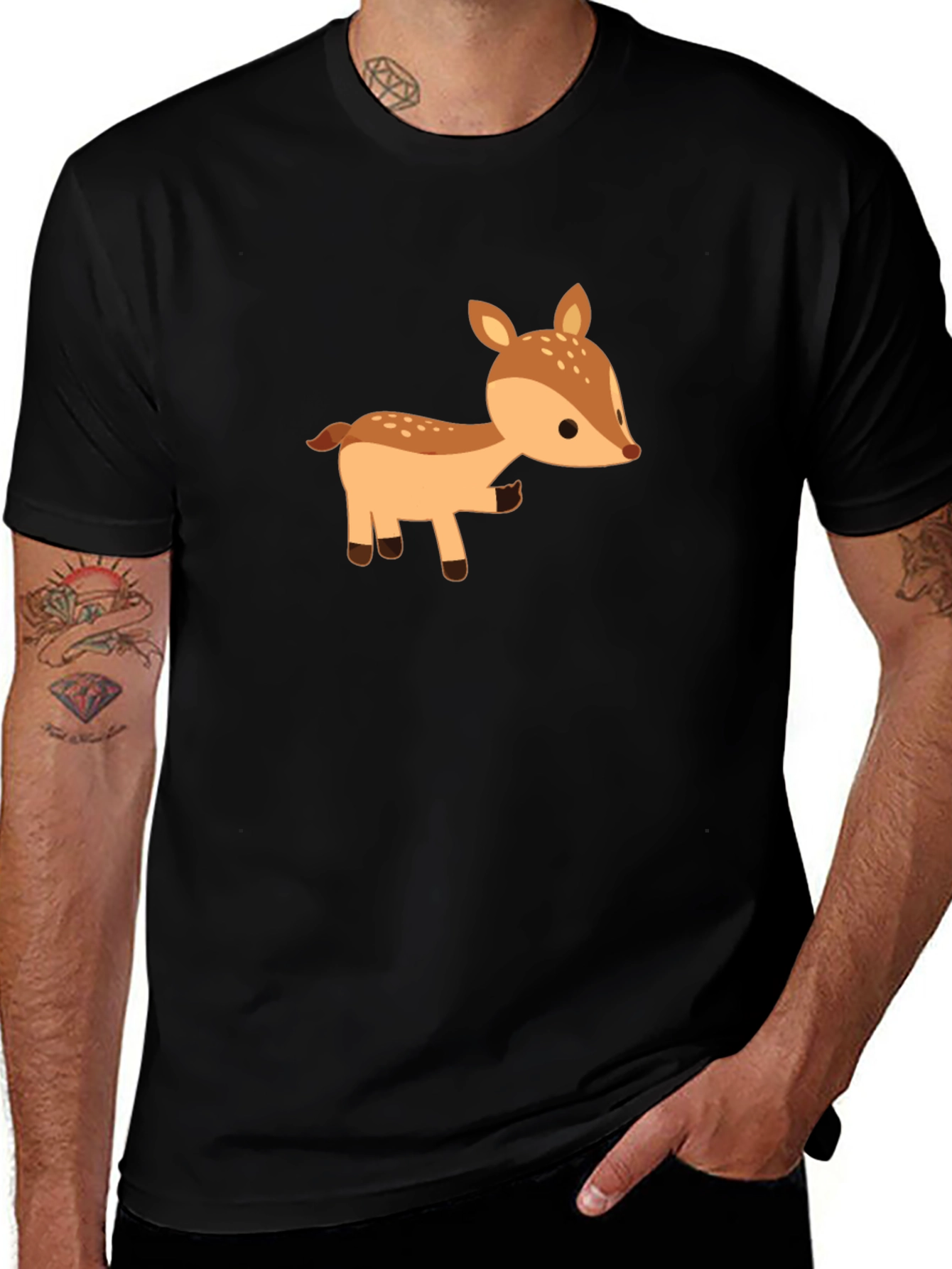 Cute Deer Graphic Tee - Black Cotton Blend