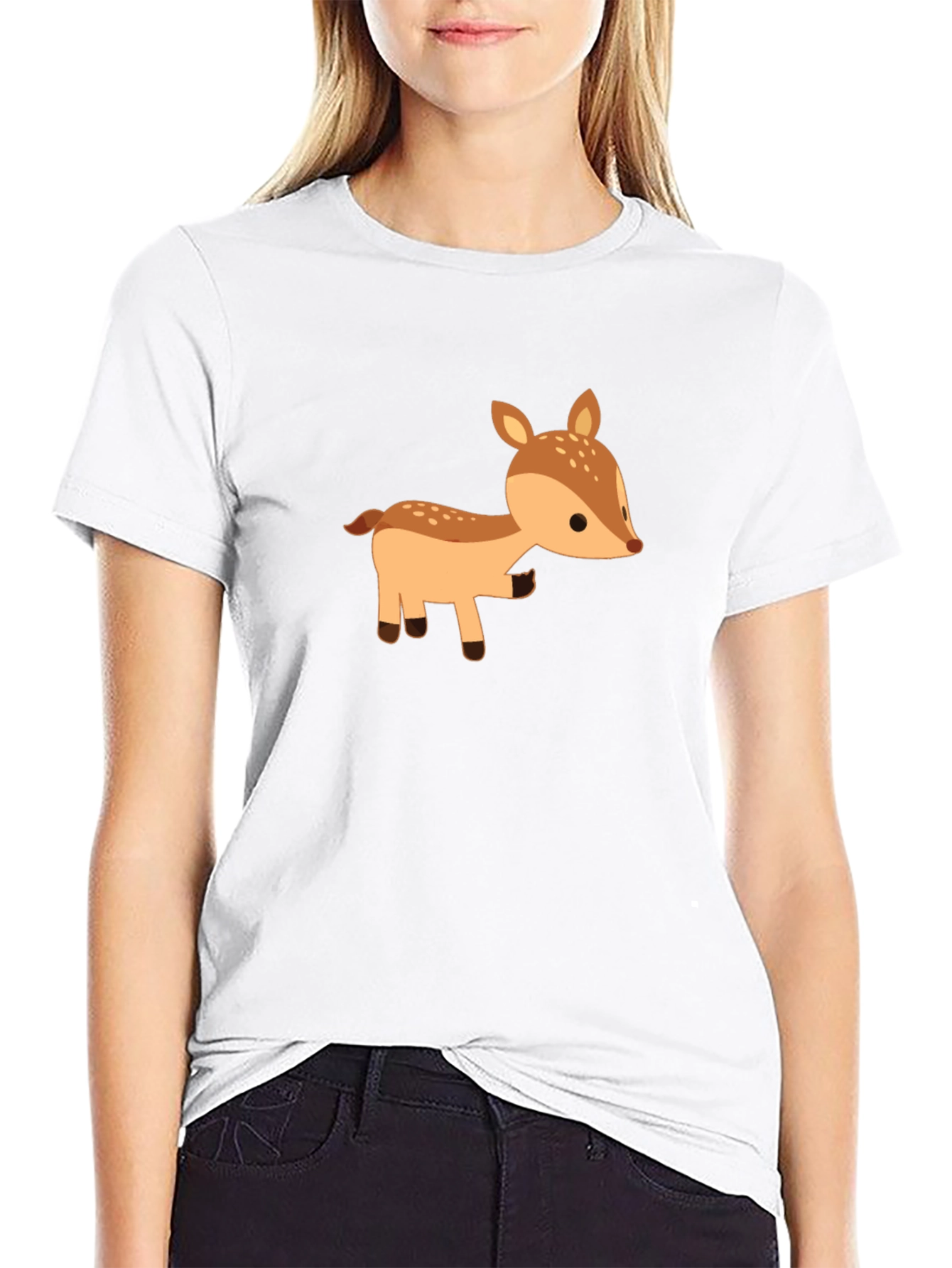 Cute Deer Graphic Tee - Black Cotton Blend