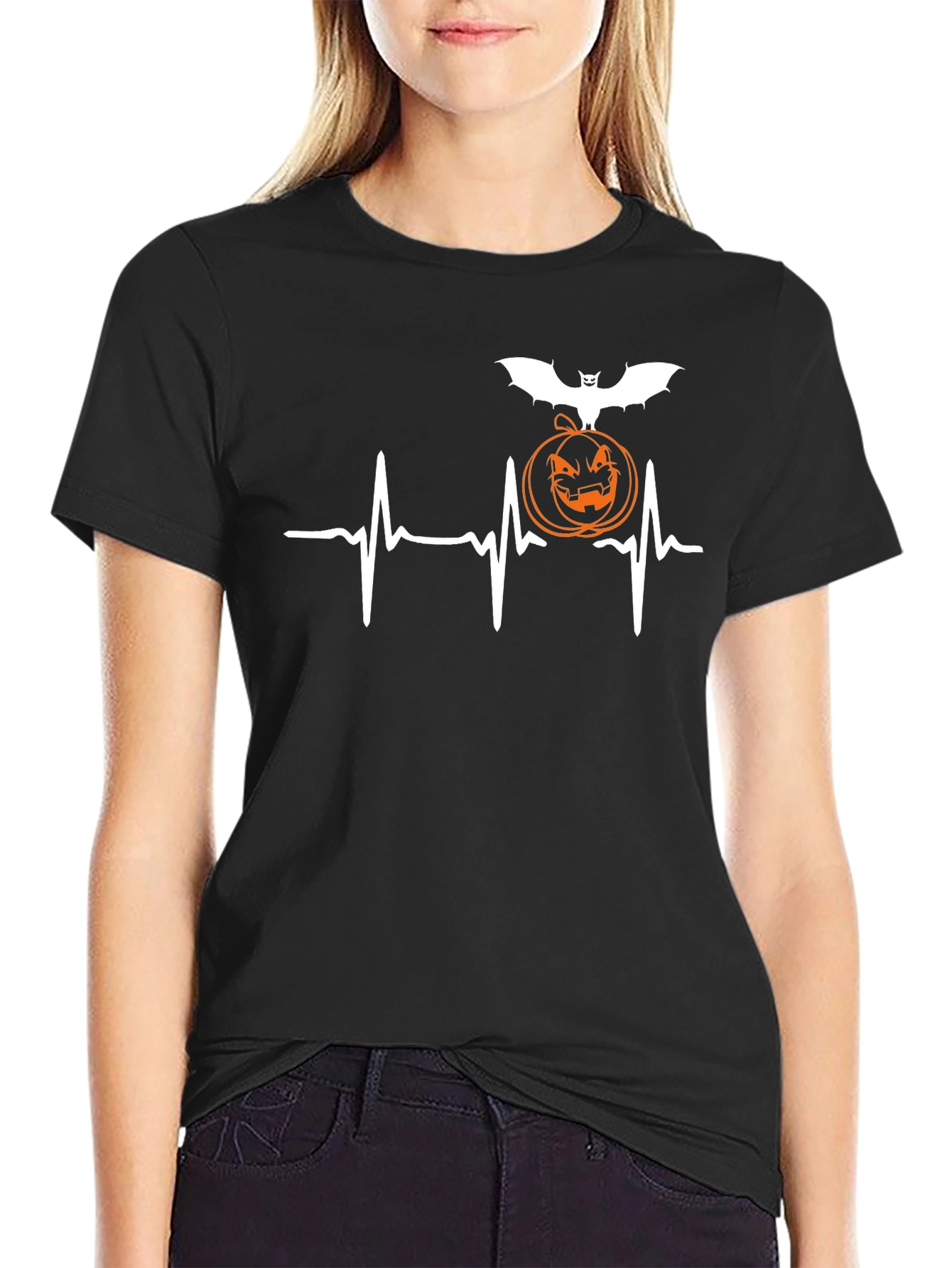 Halloween Heartbeat T-Shirt - Bat & Pumpkin Design