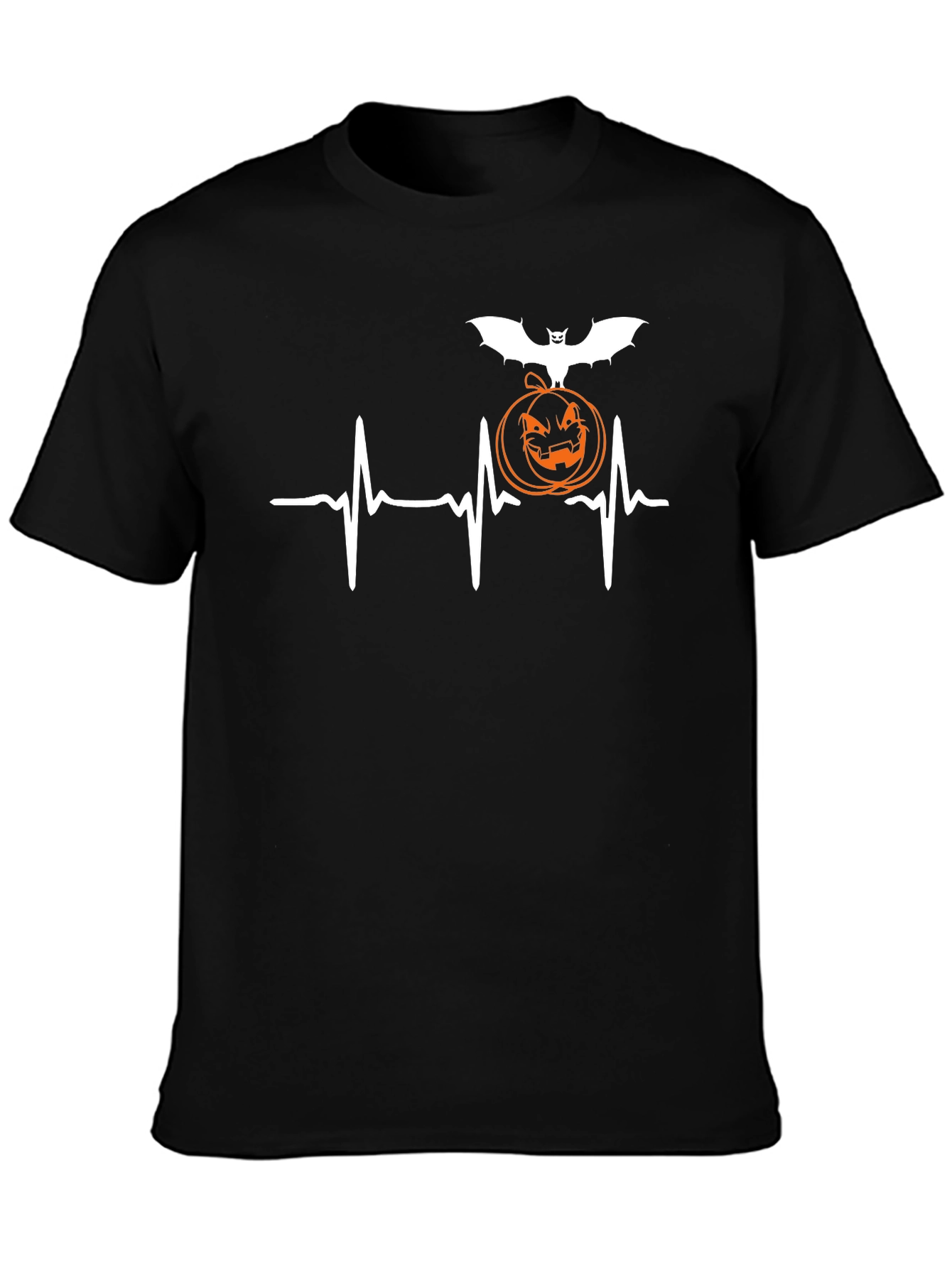 Halloween Heartbeat T-Shirt - Bat & Pumpkin Design