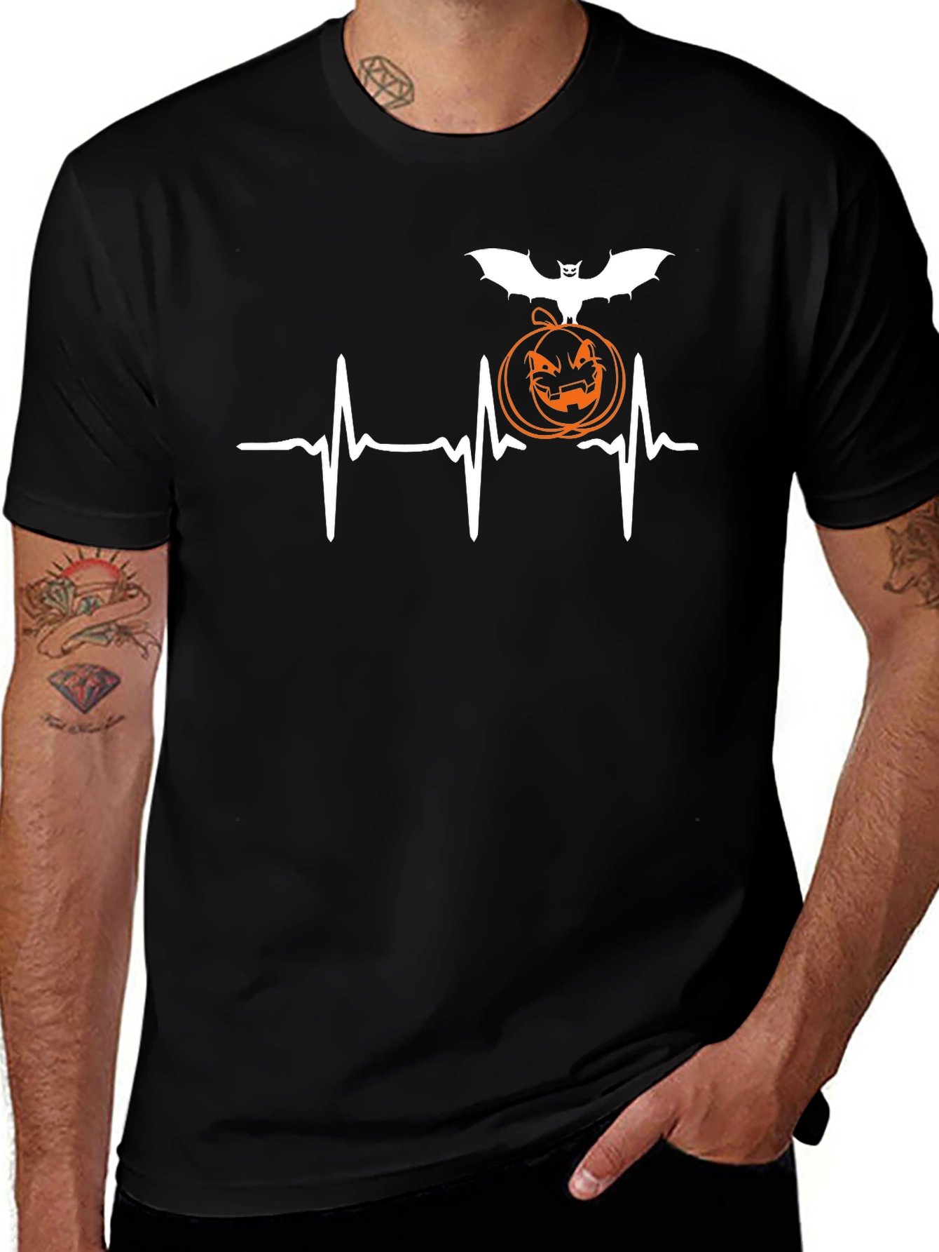 Halloween Heartbeat T-Shirt - Bat & Pumpkin Design