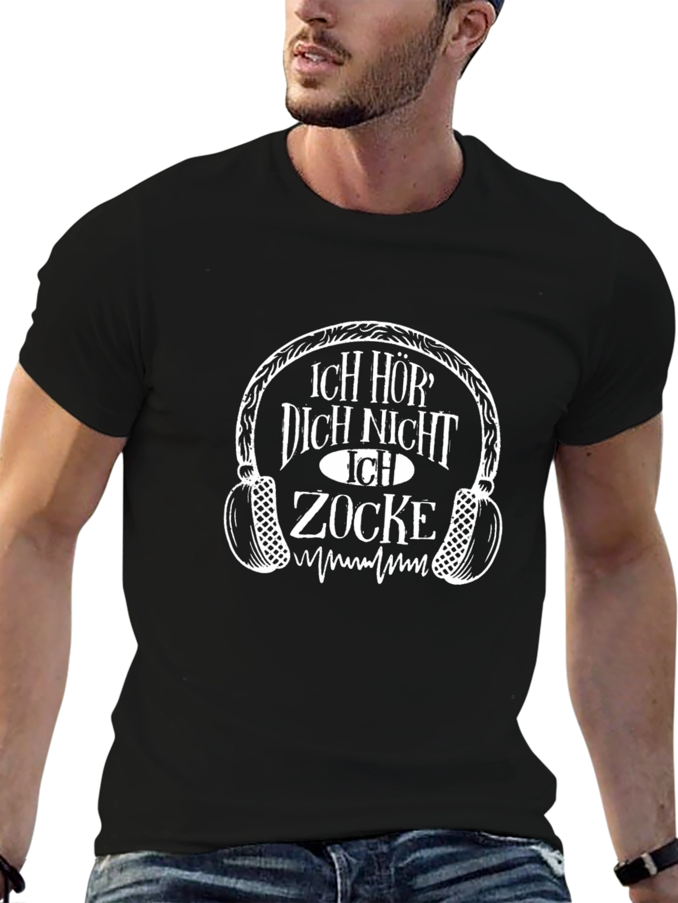 Ich Zocke Black Graphic T-Shirt - Gamer Headphones Design