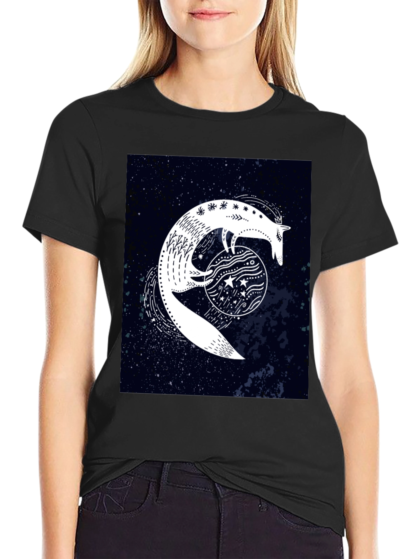 Celestial Fox Graphic Black T-Shirt