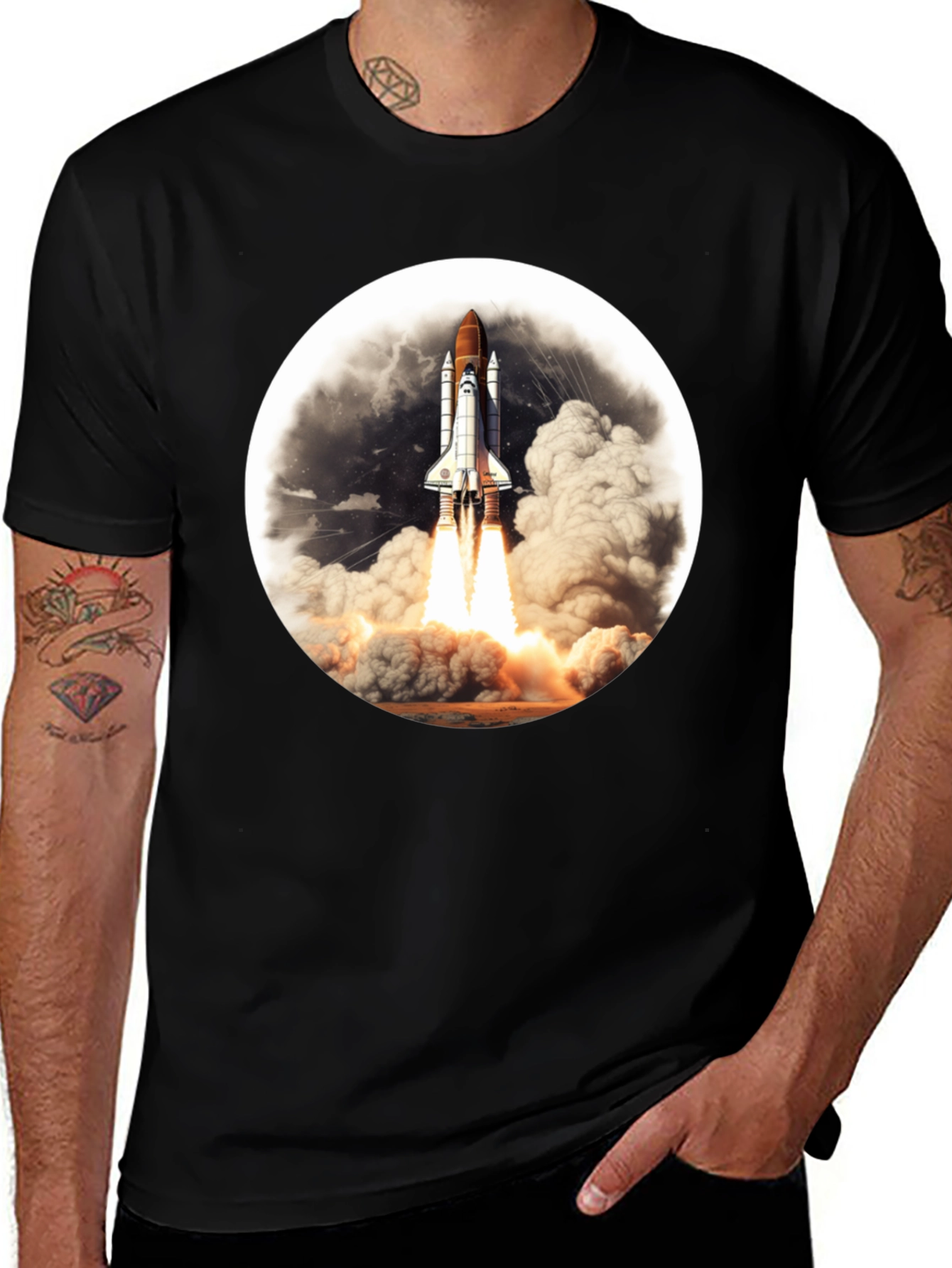 Space Shuttle Launch Graphic Tee - Black Cotton