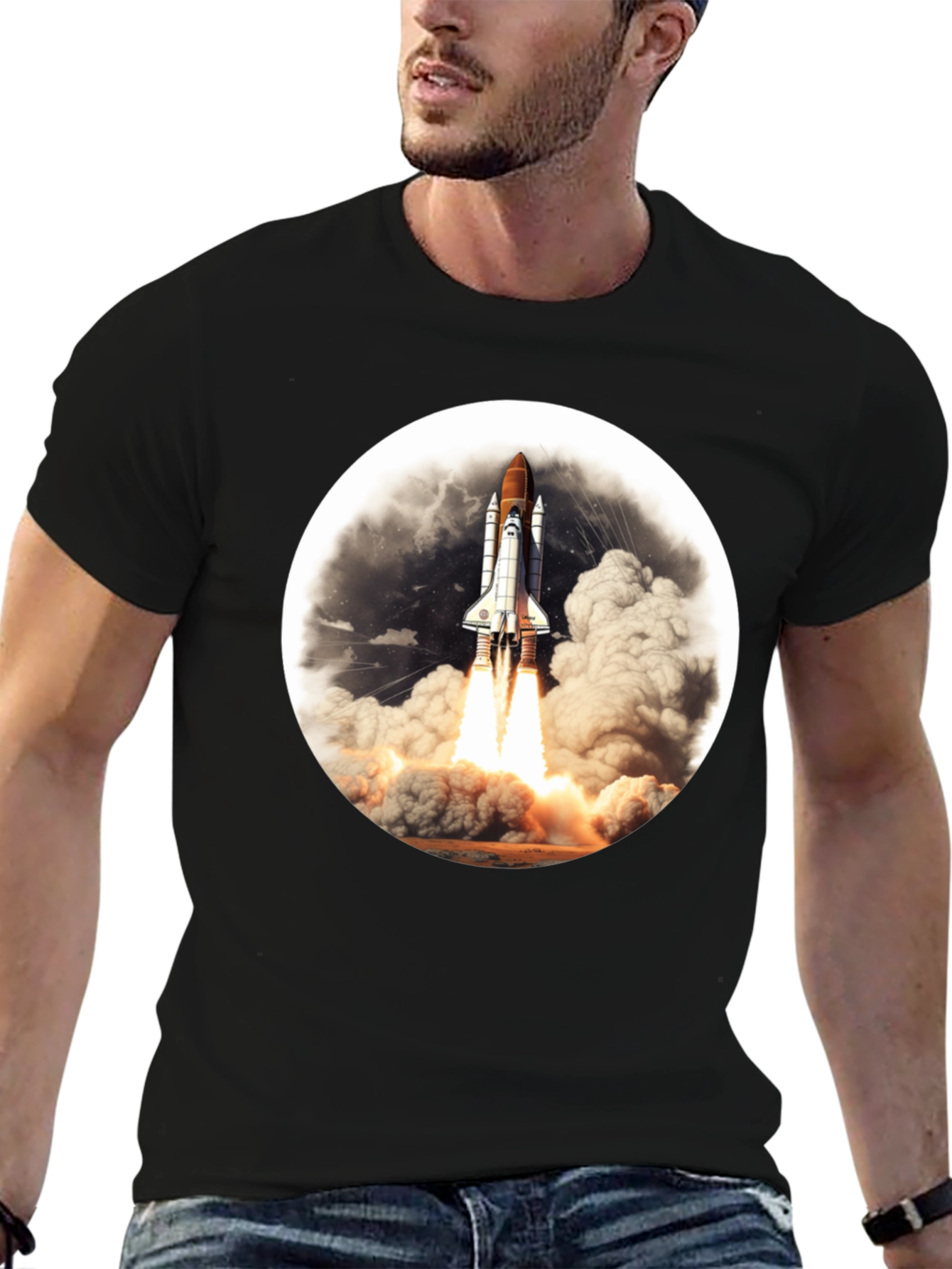 Space Shuttle Launch Graphic Tee - Black Cotton