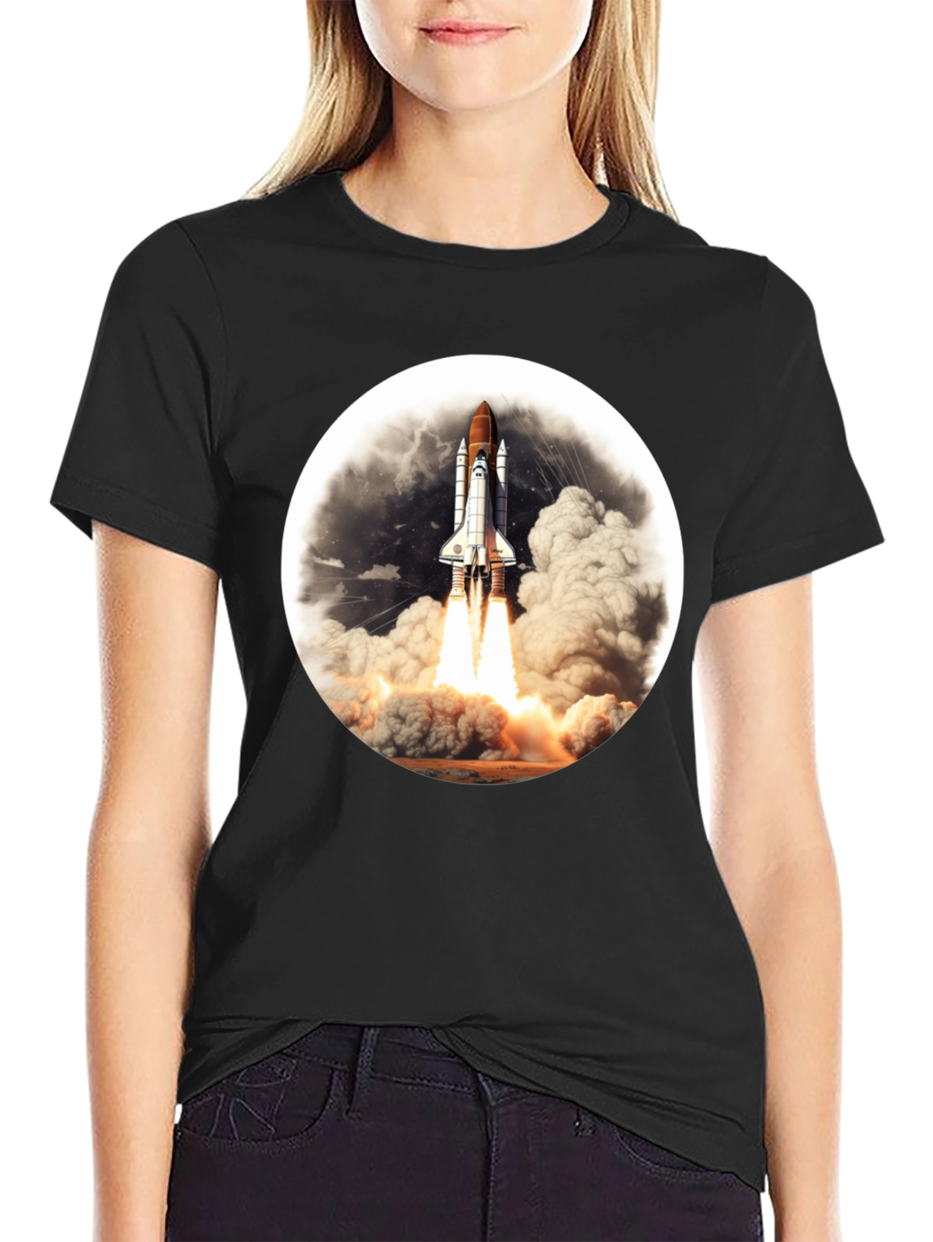 Space Shuttle Launch Graphic Tee - Black Cotton