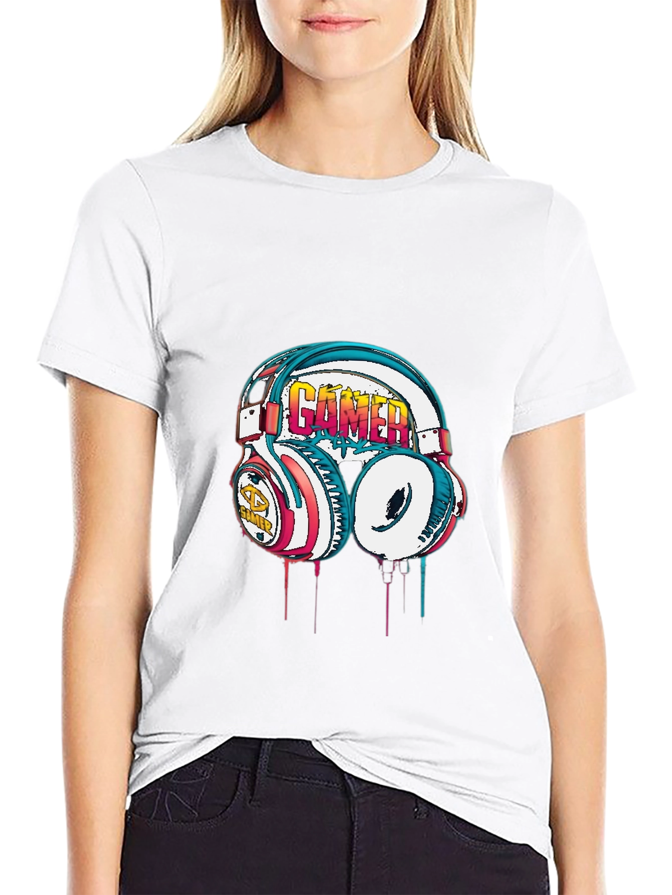 Gamer Headset Graphic Tee - Black Cotton Casual Shirt