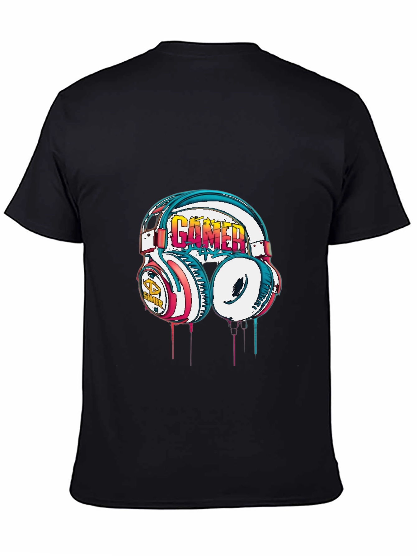 Gamer Headset Graphic Tee - Black Cotton Casual Shirt