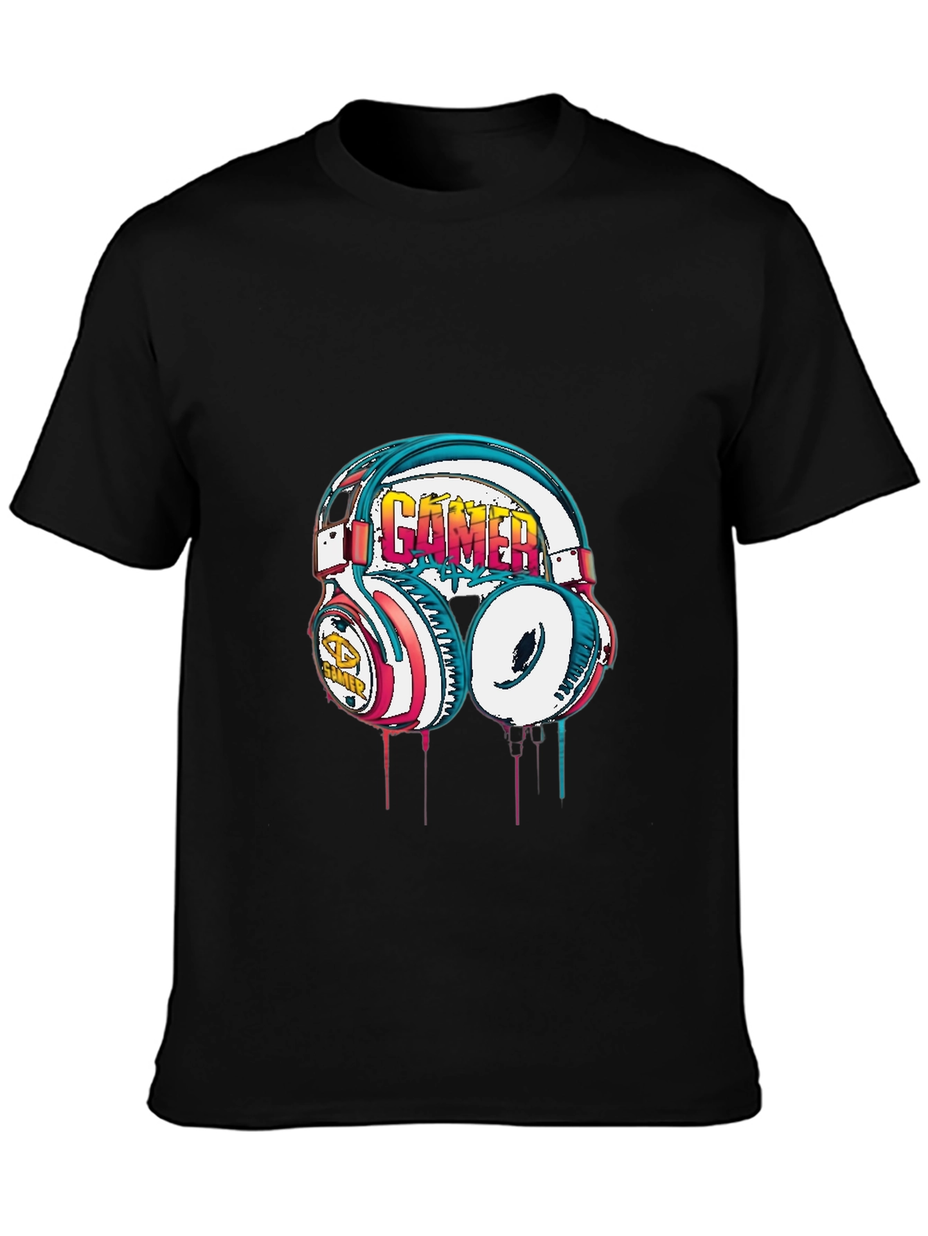 Gamer Headset Graphic Tee - Black Cotton Casual Shirt