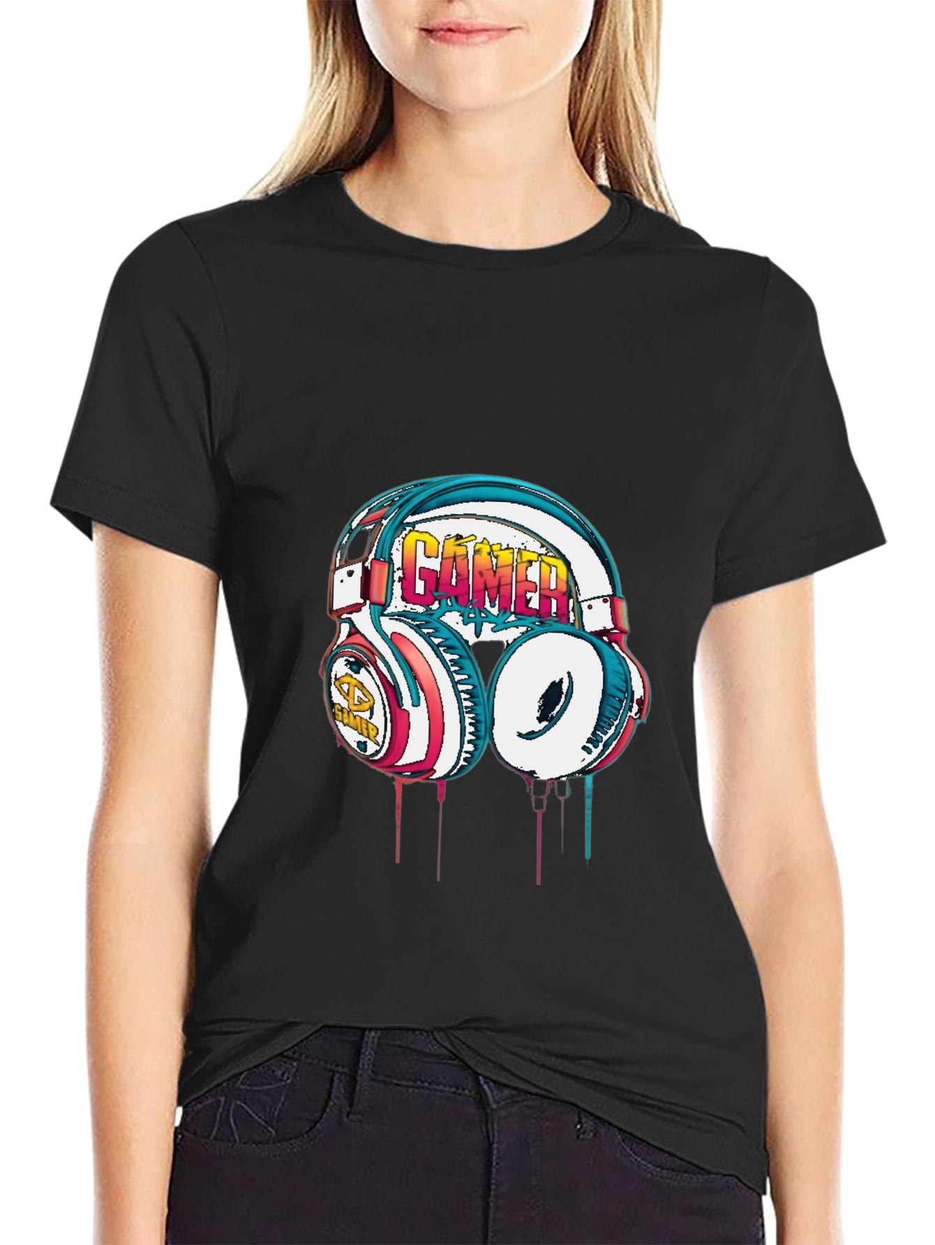 Gamer Headset Graphic Tee - Black Cotton Casual Shirt