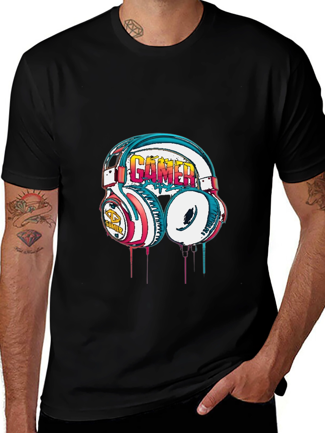 Gamer Headset Graphic Tee - Black Cotton Casual Shirt