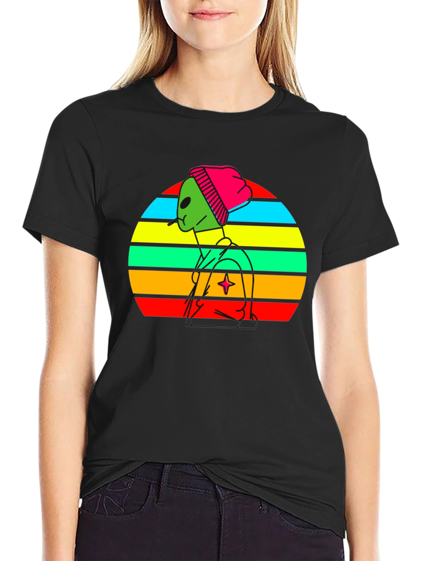 Retro Alien Graphic Tee - Black Cotton Blend T-Shirt